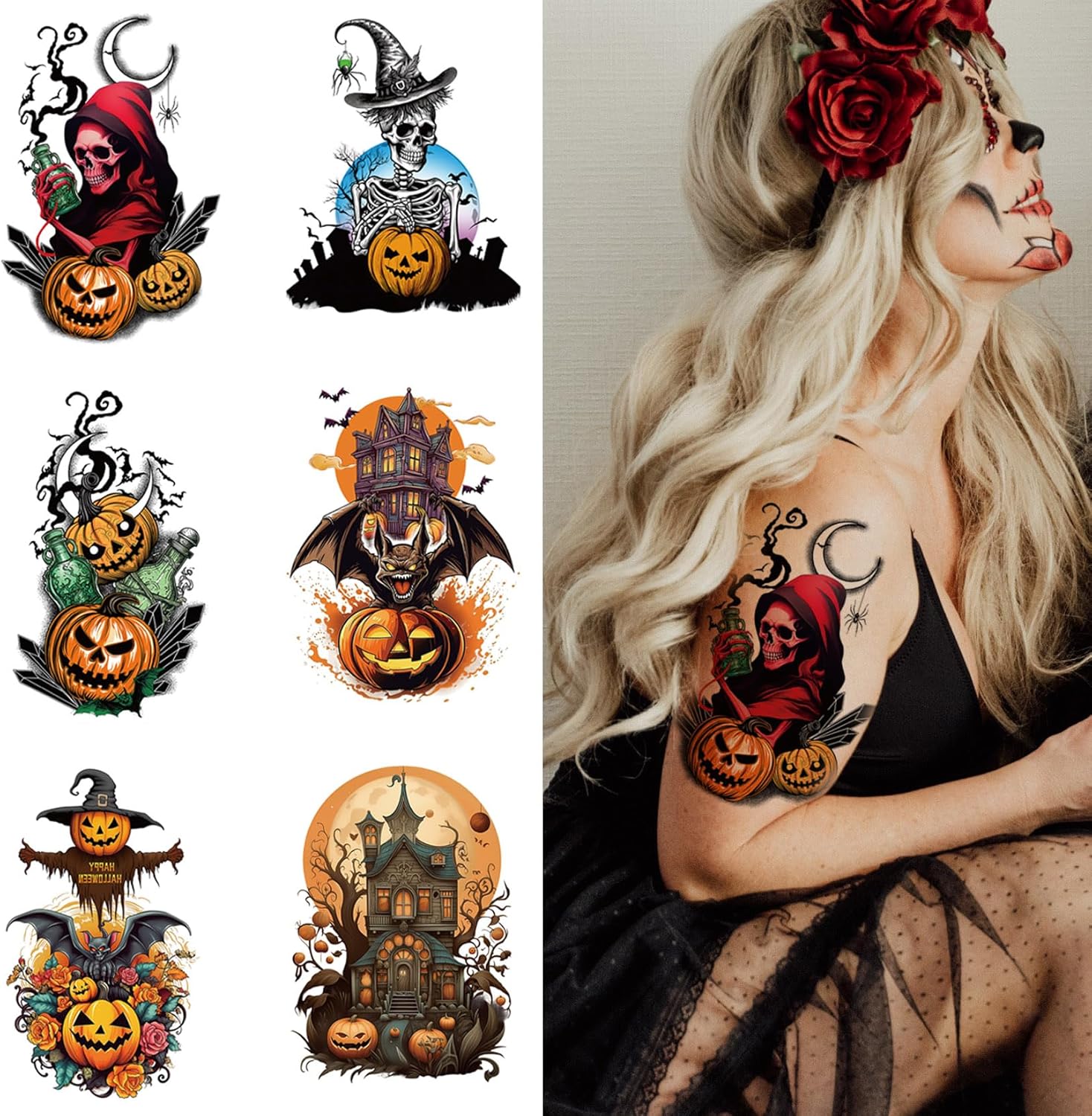 CARGEN Mangas de tatuajes temporales de Halloween, 6 hojas de Halloween, medio brazo largo, calavera, calabaza, mangas de tatuaje temporal para