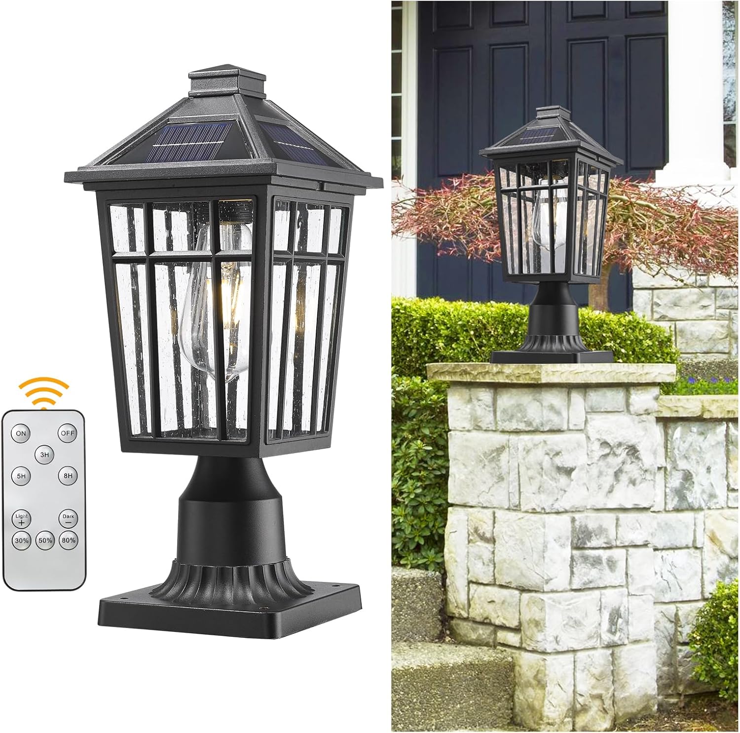 Darkaway Lámpara de poste solar para exteriores, poste de luz de aluminio del atardecer al amanecer, poste de lámpara con control remoto, lámpara de