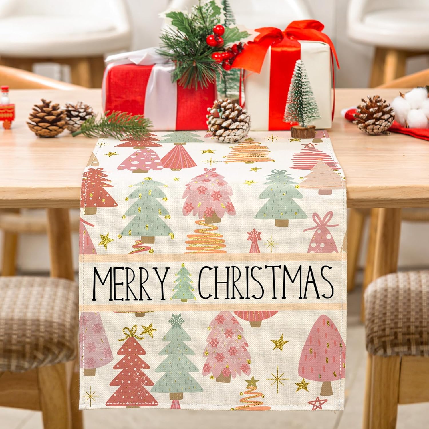 AnyDesign – Camino de mesa bohemio con texto en inglés “Merry Christmas” para decoración de árbol de Navidad, mantel impermeable para suministros de