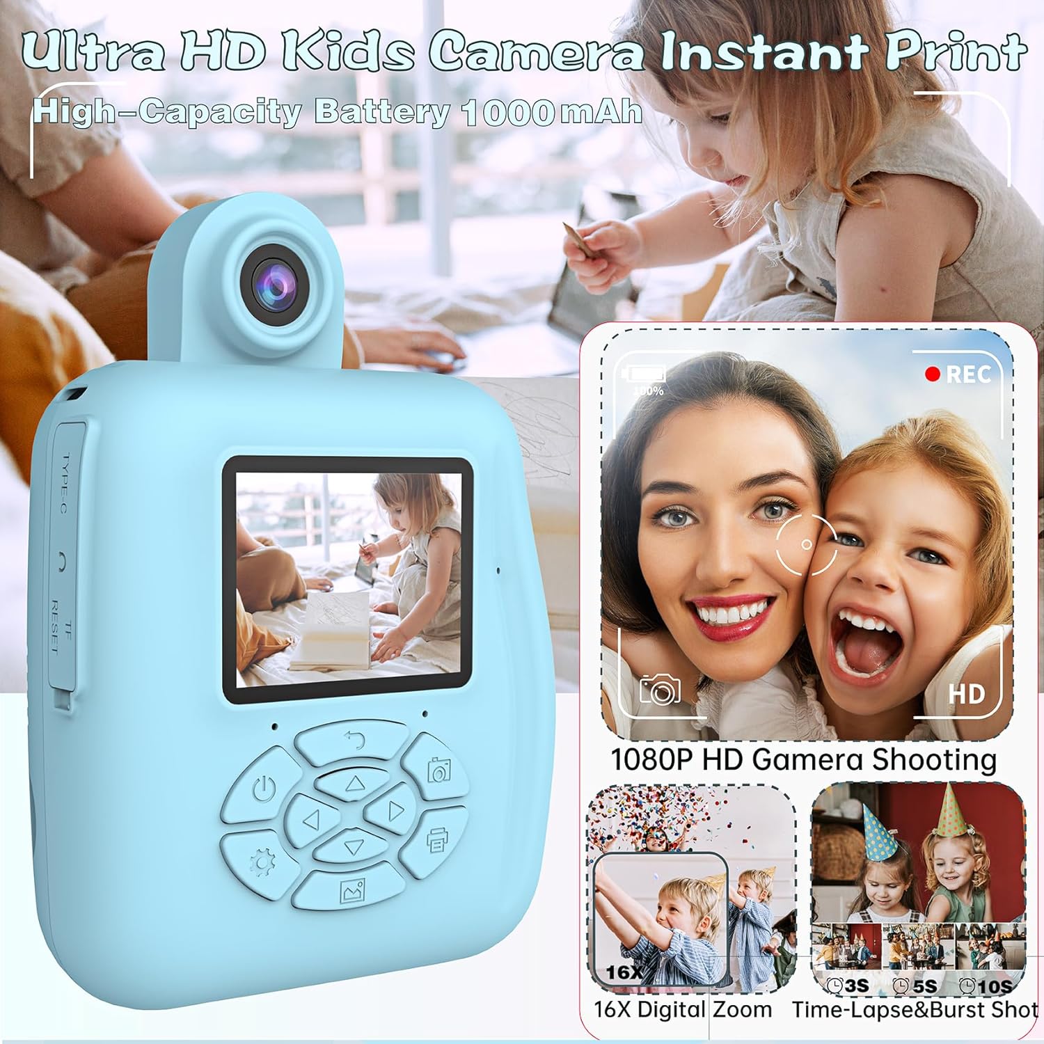 Cámara de impresión instantánea para niños, cámara de impresión instantánea para niños, cámara sin tinta, cámaras de video digitales para niños,