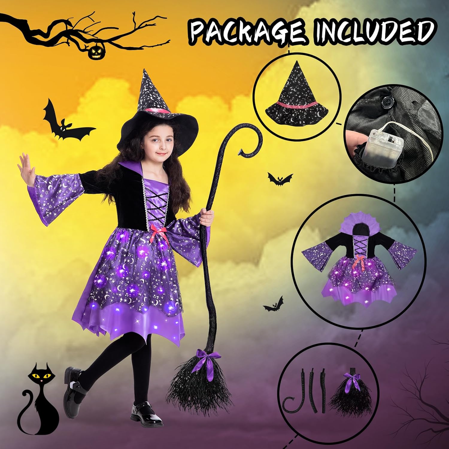 Disfraz de bruja iluminada para niñas, disfraces de bruja de Halloween con escoba de bruja, sombrero para regalo de fiesta de Halloween