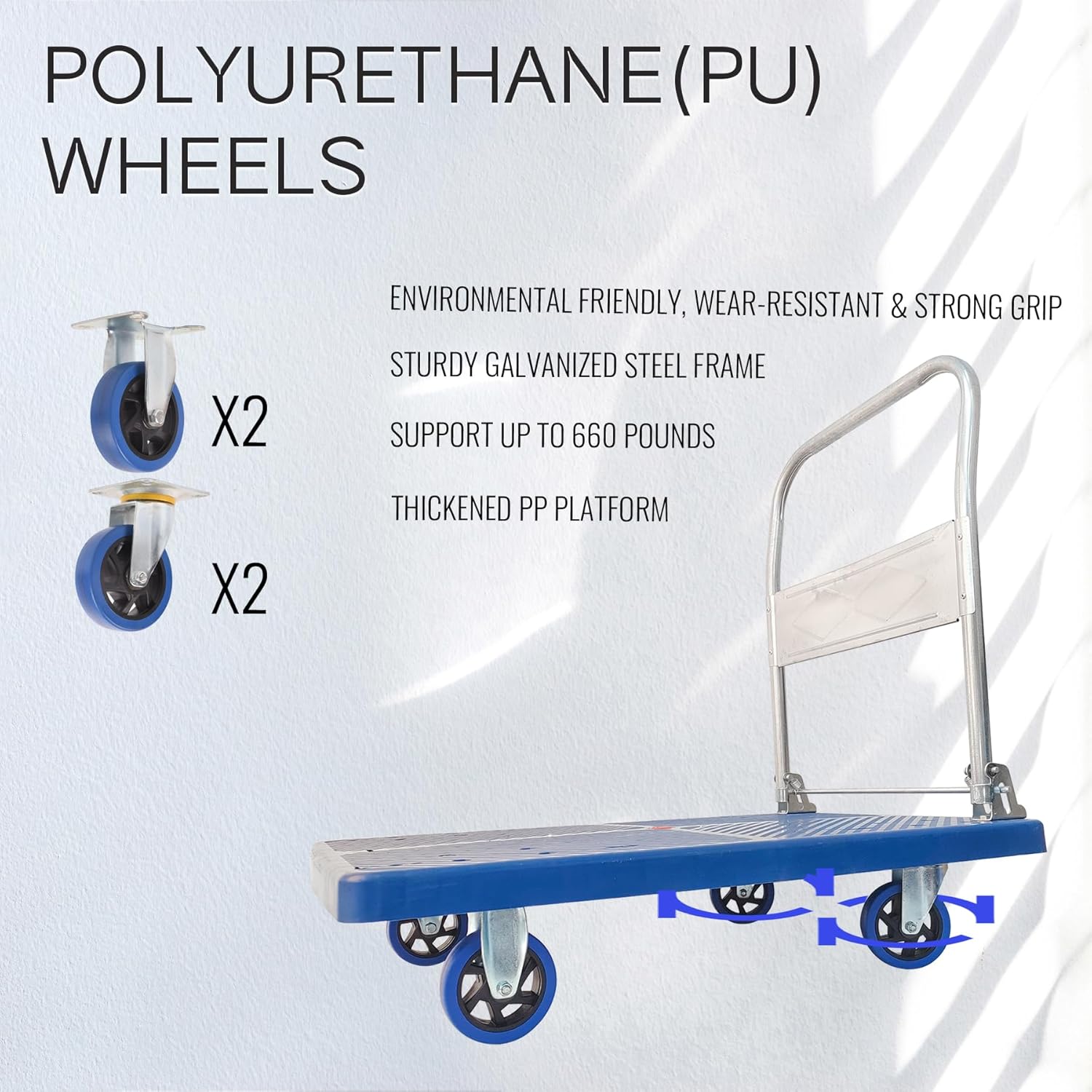 Carrito de cama plana, plataforma de alta capacidad de 660 libras, ruedas giratorias de 360 grados, carrito de mano plegable para carga y