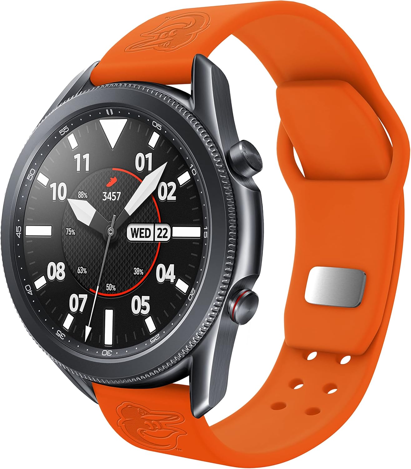 Game Time Baltimore Orioles – Correa de silicona grabada compatible con Samsung y más (0.866 in naranja)