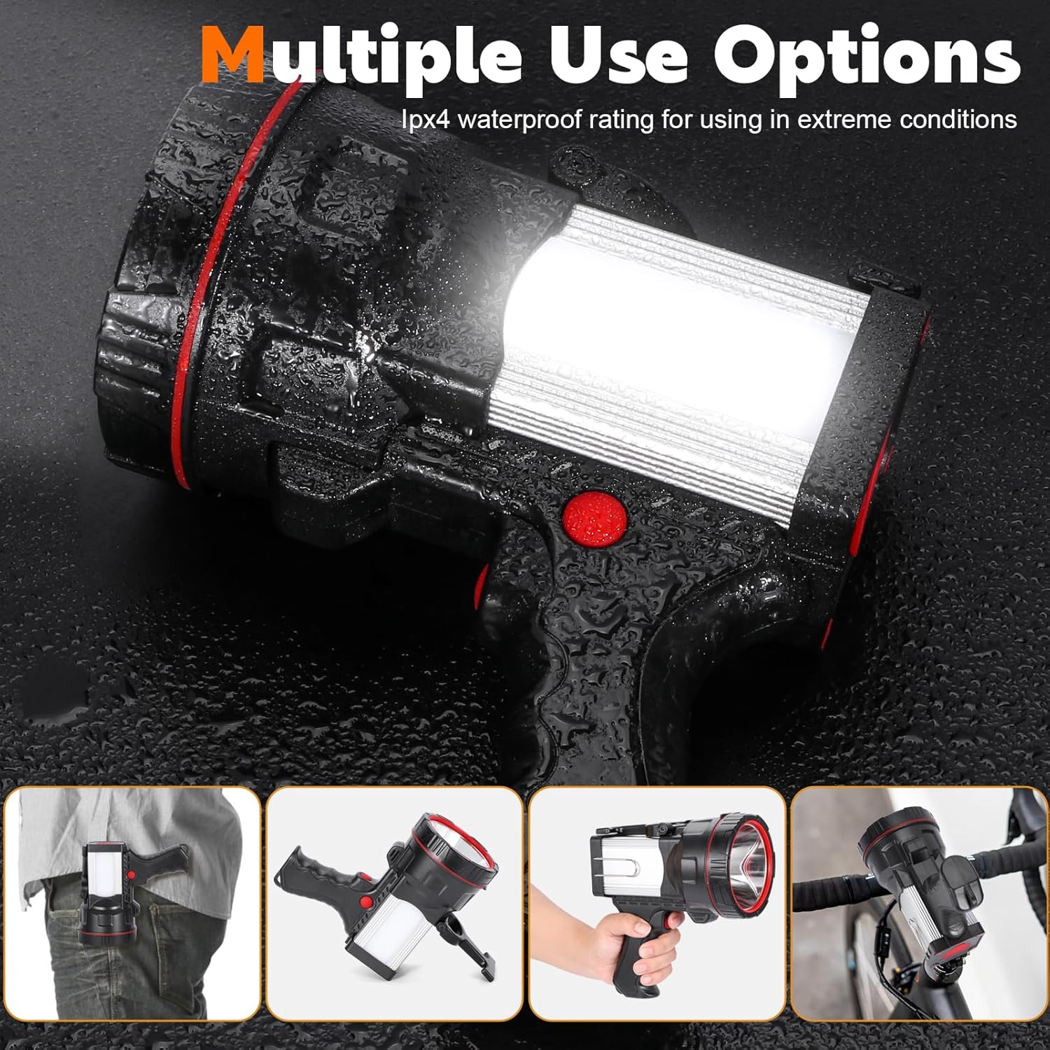 Proyector de mano súper brillante, linterna LED recargable, reflector grande de larga duración con cargador de salida USB para exteriores (luz