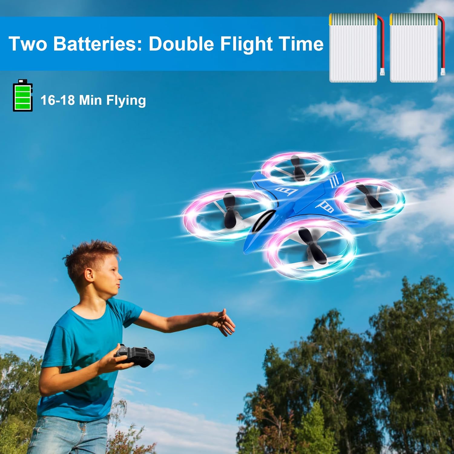 Drones para niños, paquete de 2 con luces LED coloridas deslumbrantes, mini dron para niños, 2 baterías, control remoto, modo sin cabeza, giro 3D,