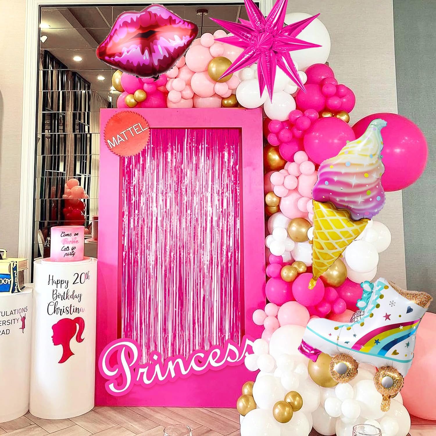 Kit de arco de guirnalda de globos rosas de 128 piezas con globo metálico dorado rosa intenso para fiesta temática de princesa, cumpleaños de niña
