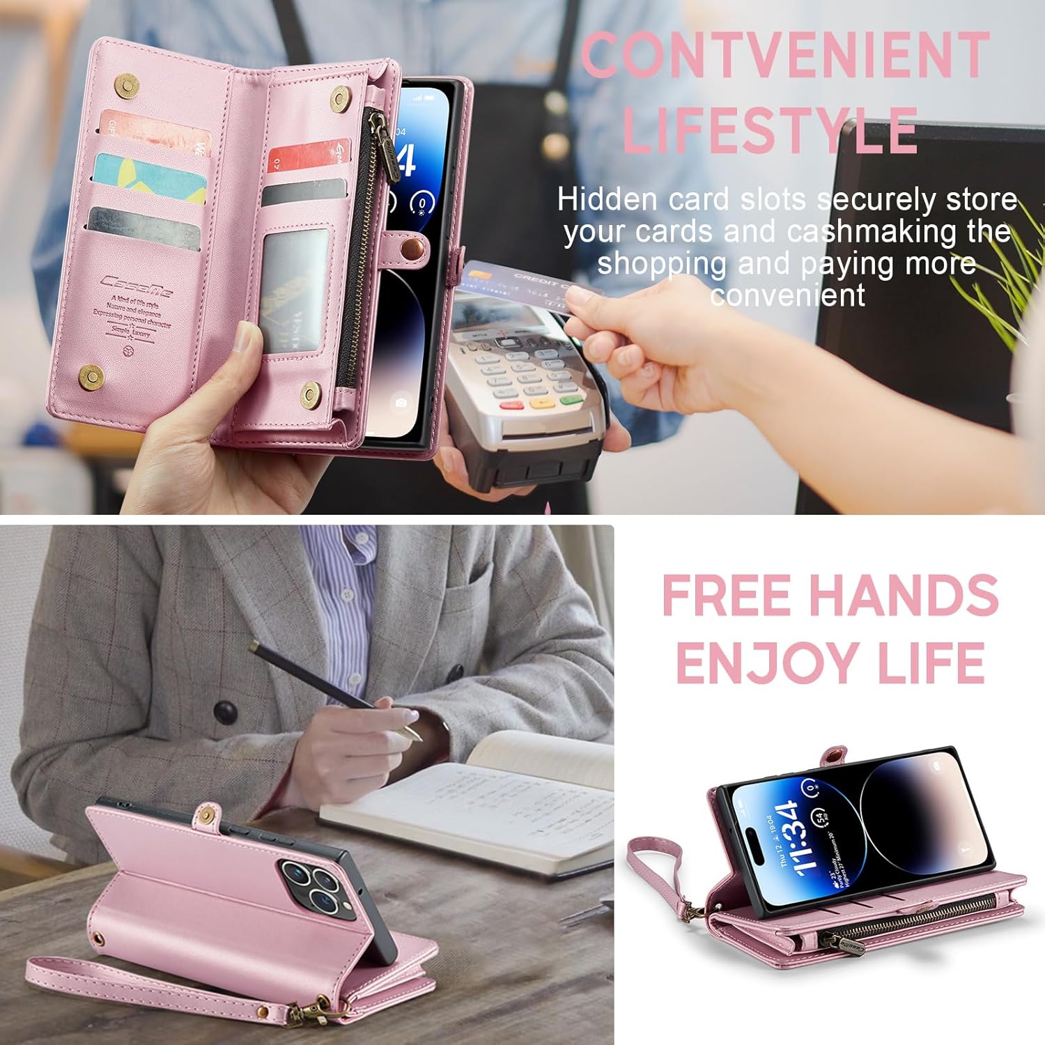 ASAPDOS Funda para iPhone 14 Pro, correa de piel sintética de gamuza retro y funda cruzada con cierre magnético, bloqueo RFID, tarjetero y soporte