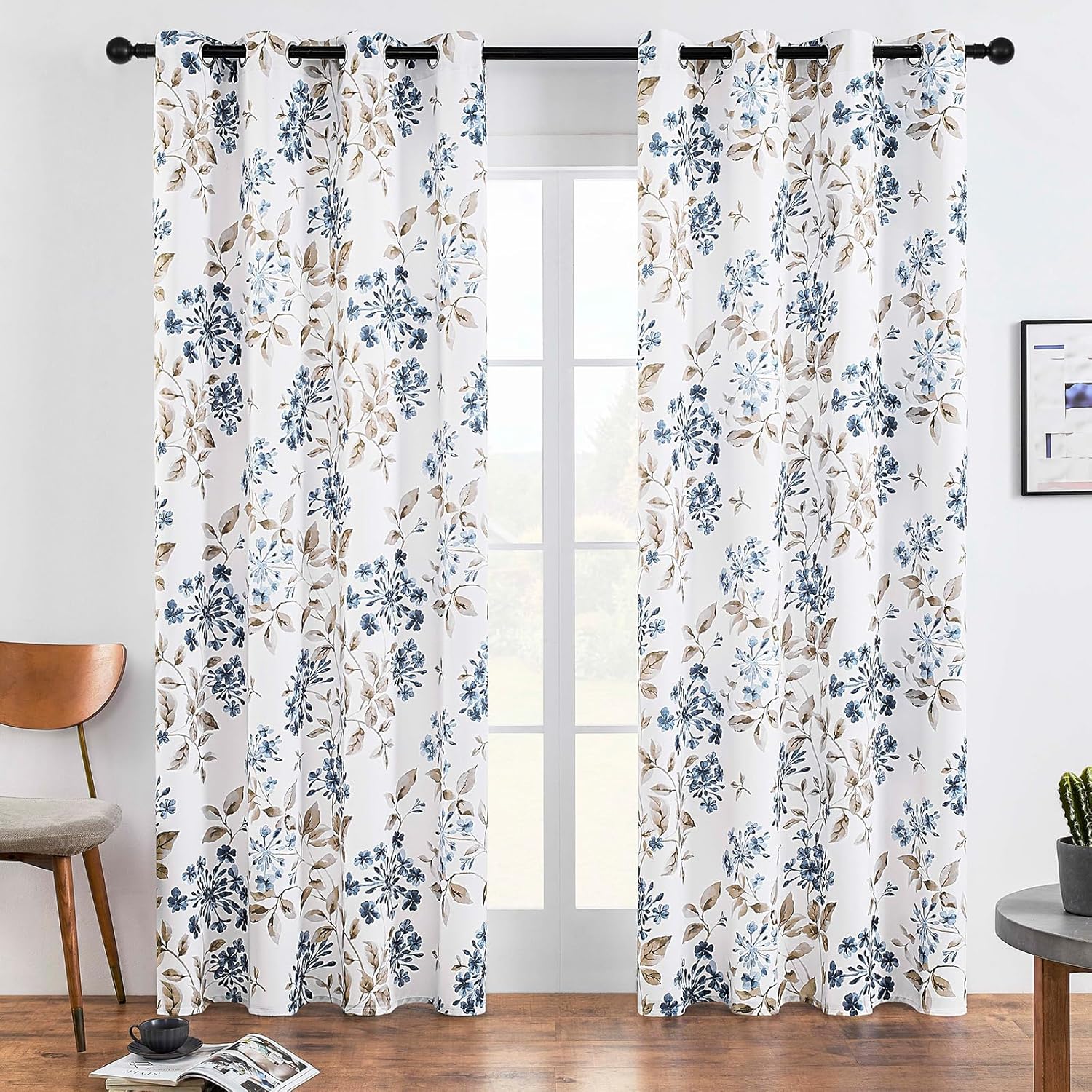 Rscn Cortinas florales de 84 pulgadas de largo, juego de 2 paneles de cortinas con patrón azul, cortinas de oscurecimiento de habitación, cortinas