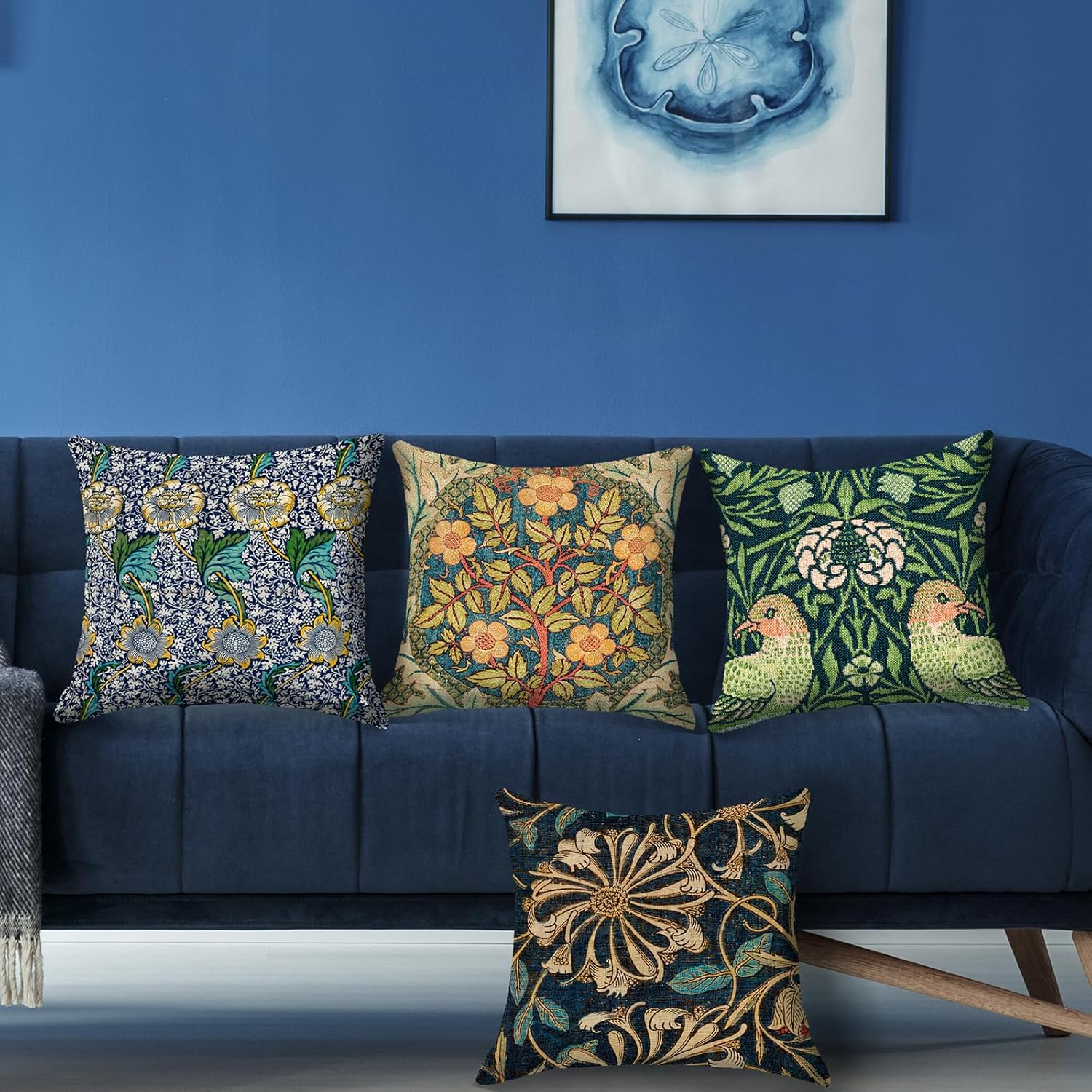 HOSTECCO William Morris – Juego de 4 fundas de almohada de 18.0 x 18.0in, diseño de corona de rosa de madreselva, fundas de cojín cuadradas