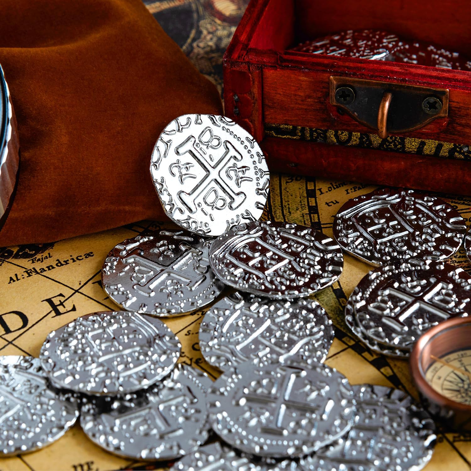 35 monedas de pirata de metal, juego de monedas del tesoro plateado, réplica de metal español para fichas de juegos de mesa, moneda de cofre del