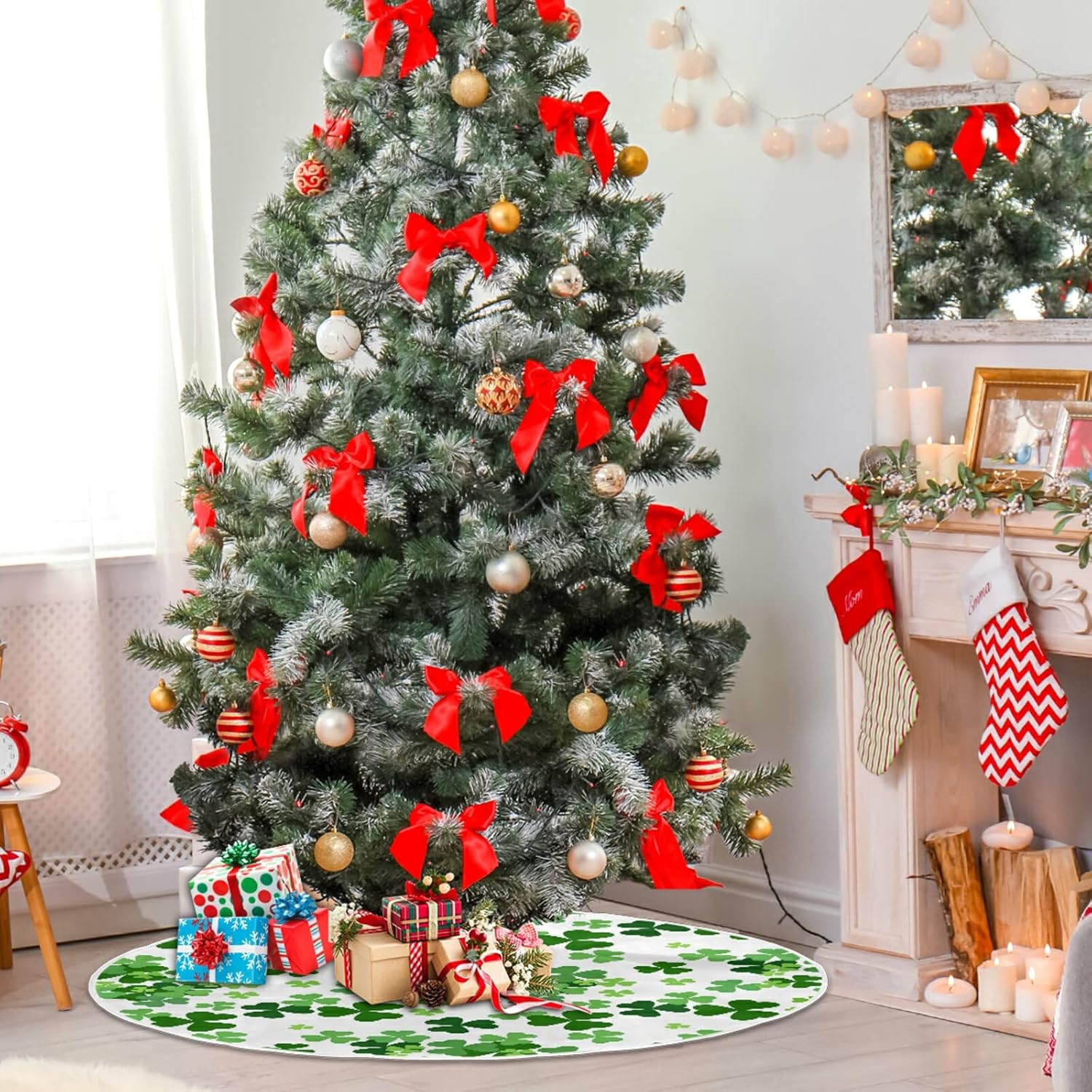Falda de árbol de Navidad, trébol de la suerte, trébol, alfombra de árbol para fiestas festivas