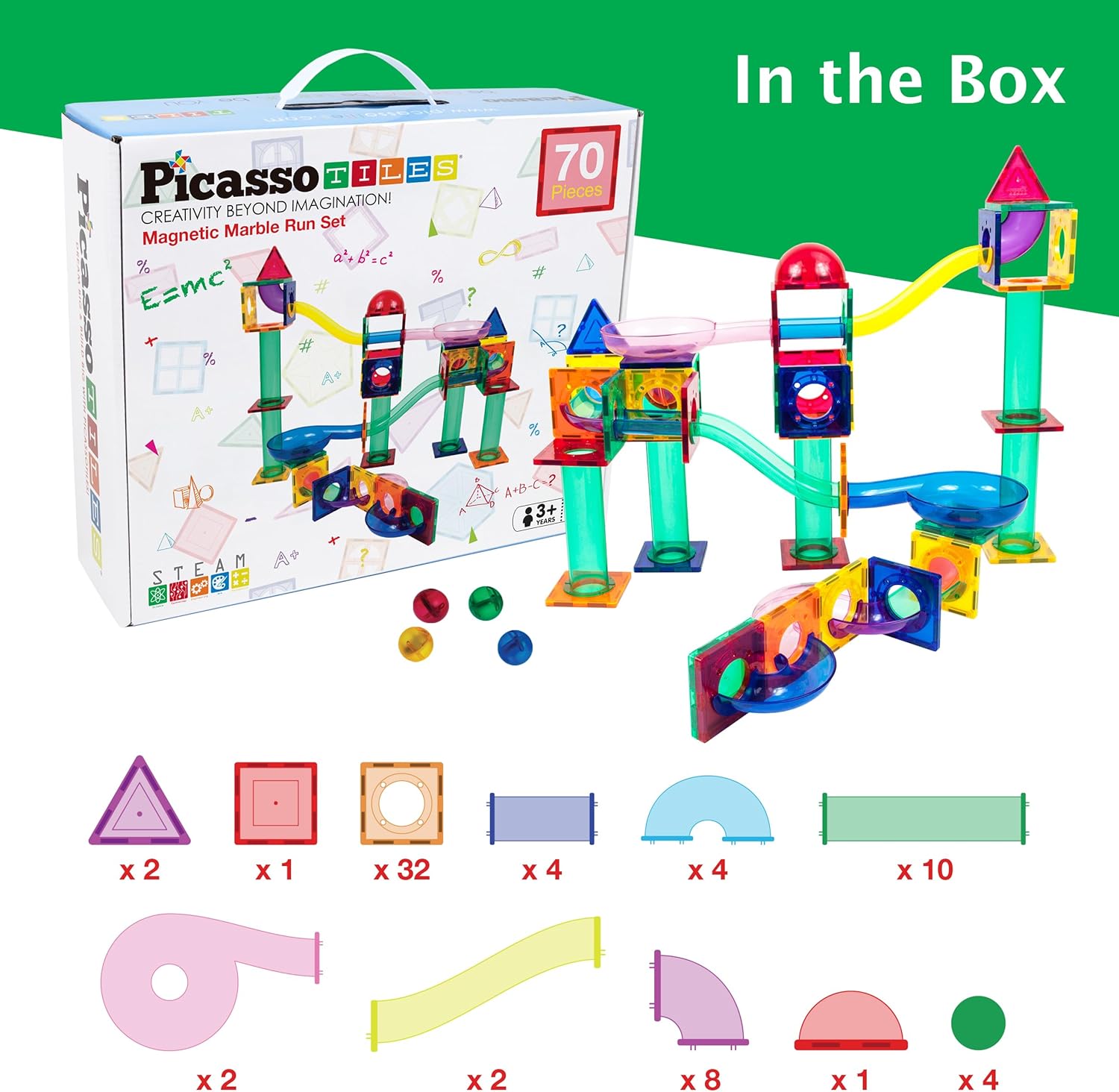 PicassoTiles Paquete de 70 piezas de pista de carreras de canicas + 60 azulejos magnéticos, divertido y creativo, juguete sensorial educativo y