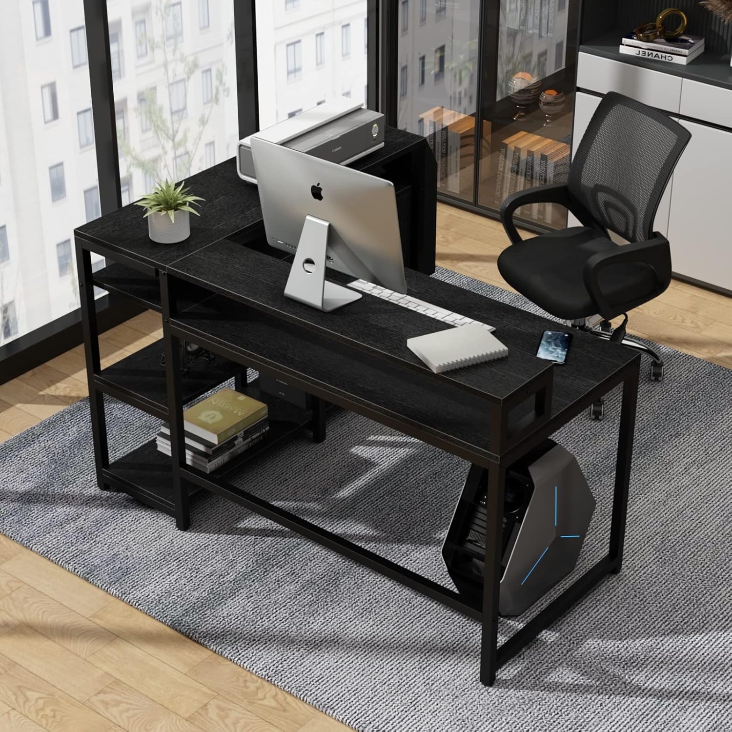 Loomie Escritorio reversible para computadora en forma de L con cajón, escritorio industrial de esquina de 55 pulgadas de ancho x 41 pulgadas de