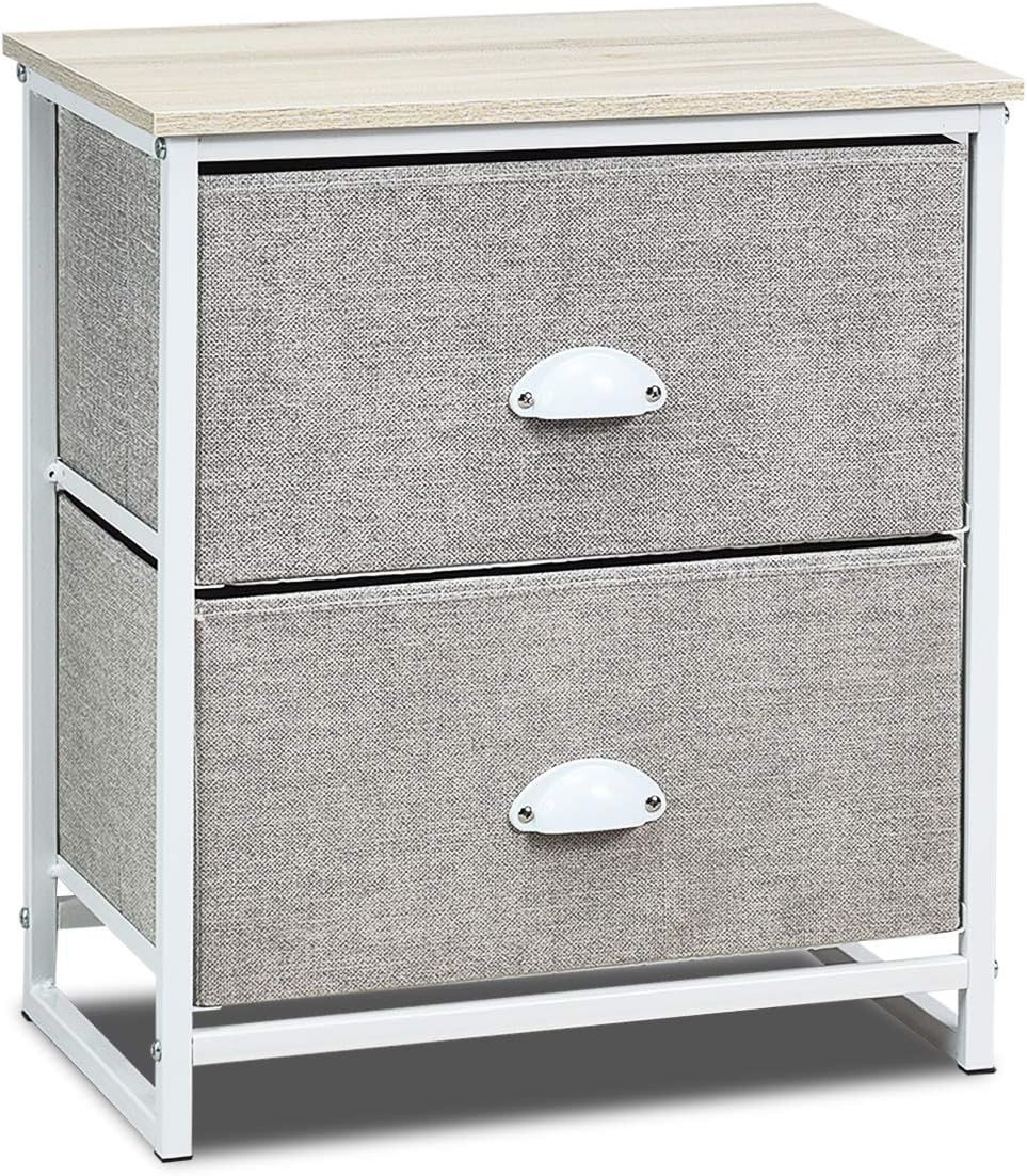 Giantex Mesita de noche con cajones de tela, marco de acero resistente y unidad organizadora superior de madera para dormitorio, sala de estar,