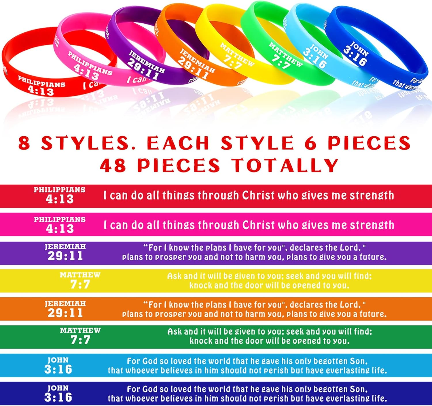 48 pulseras religiosas de goma, pulseras de silicona con versículos de la Biblia, pulseras de colores con fe y esperanza, pulseras inspiradoras de
