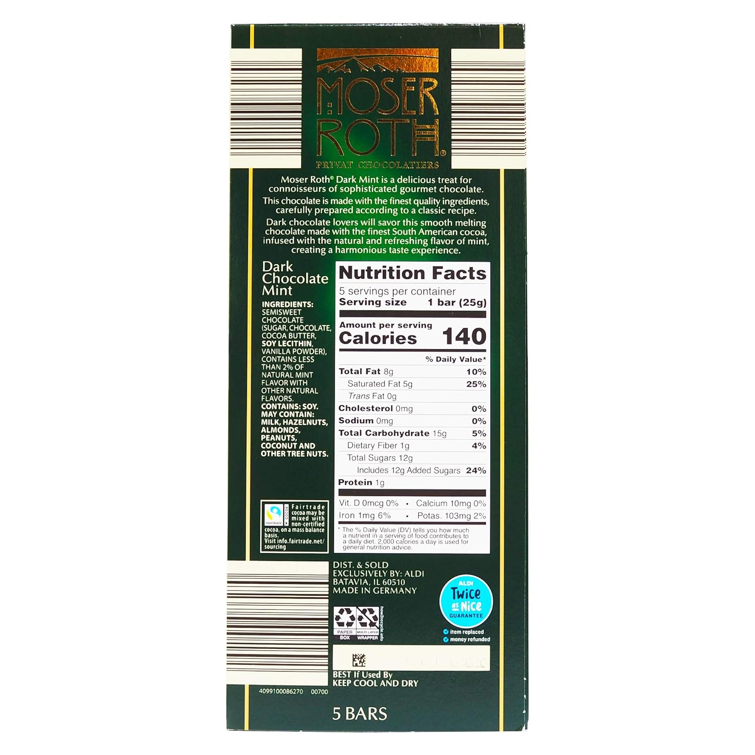 Moser Roth Chocolate negro alemán, menta (paquete de 2)