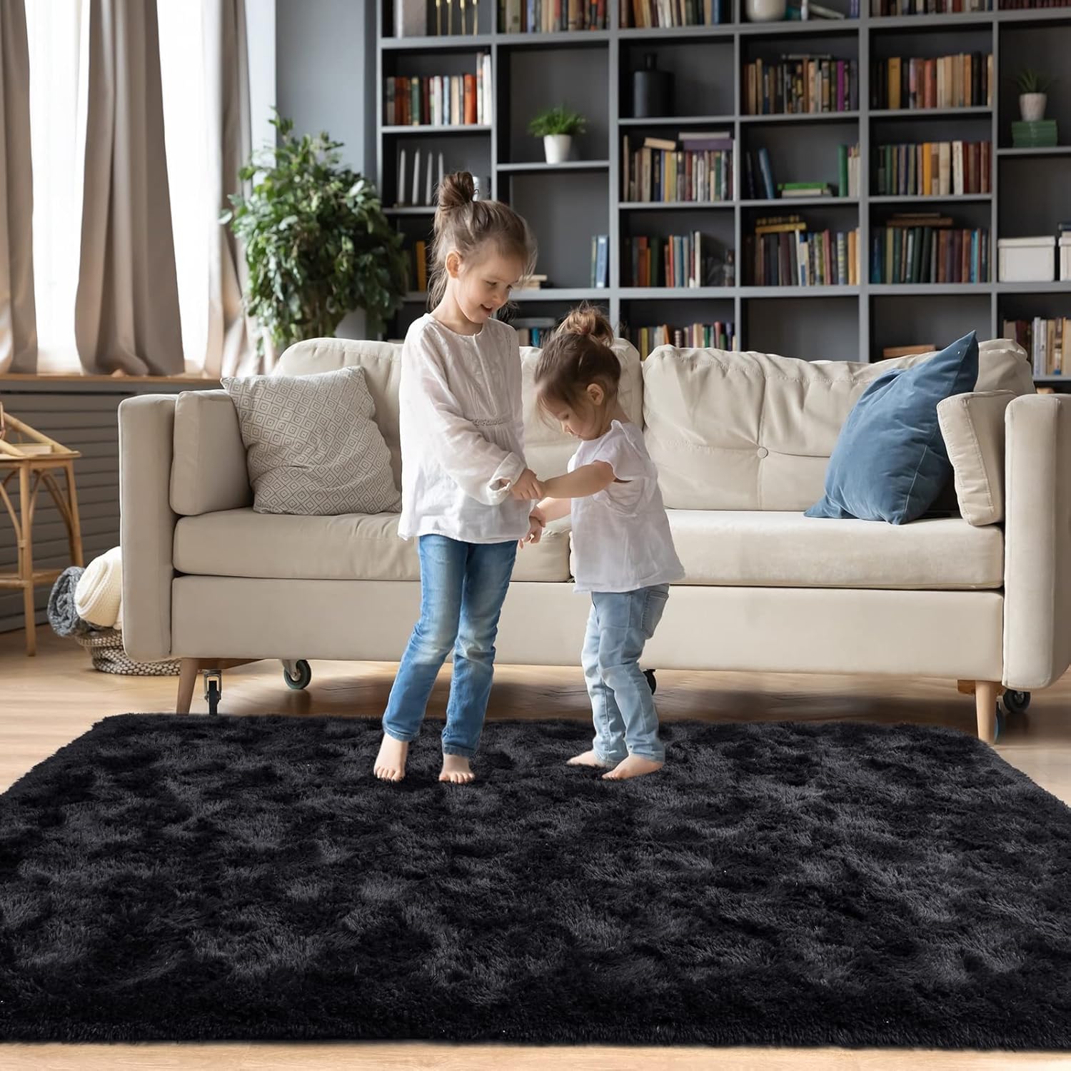 Alfombras negras ultrasuaves para dormitorio, de 7 x 10 pies, alfombras peludas para sala de estar, alfombra peluda grande y cómoda para niños,