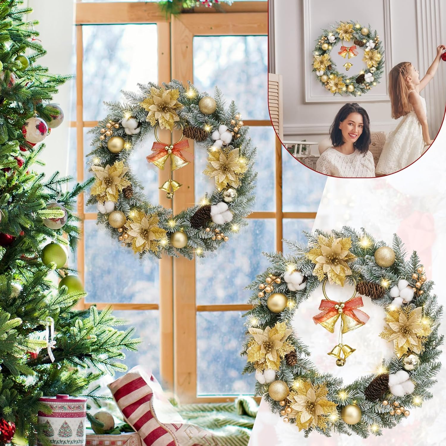 Corona de Navidad para puerta delantera, corona de puerta de Navidad para decoración de ventana al aire libre con abeto, cono de pino, racimo de