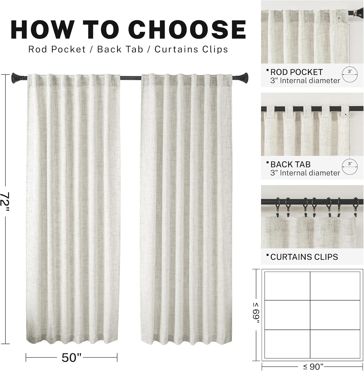 Cortinas de lino natural con pestaña trasera de 72 pulgadas de largo para sala de estar, dormitorio, juego de 2 paneles de filtrado de luz,
