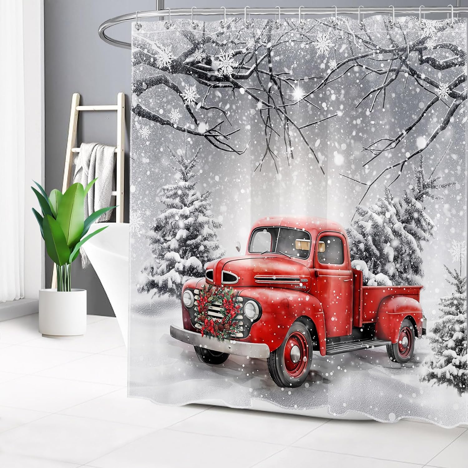 LB Red Truck Christmas Shower Curtain Sets with Rugs Xmas Wreath and Pine Tree on Retro Truck Winter Snow Fabric Shower Curtain with Hooks Snowflake