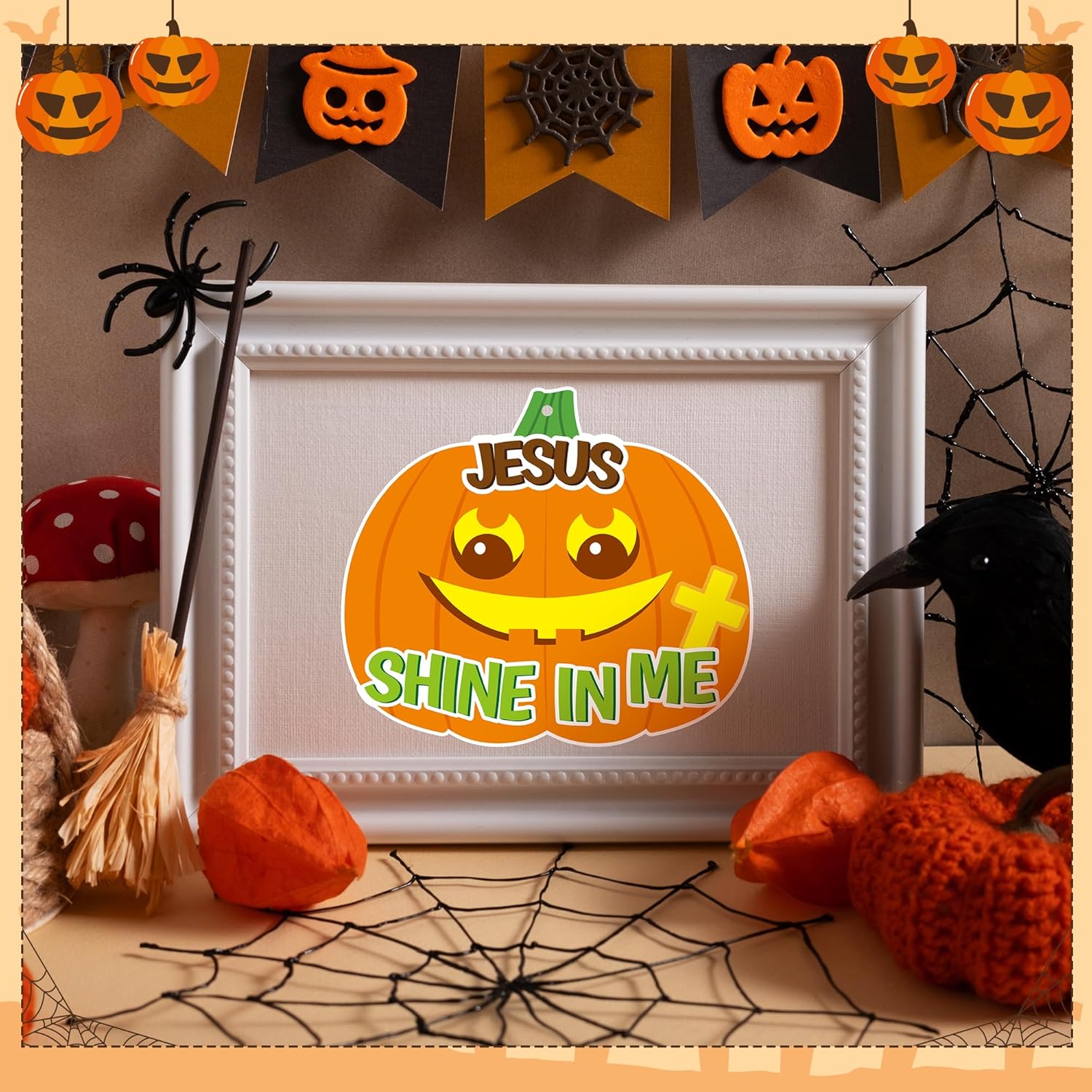 Juego de 30 adornos colgantes de calabaza cristiana de Jesús para Halloween, divertidos recortes de calabazas con cuerdas, decoración de cruz de