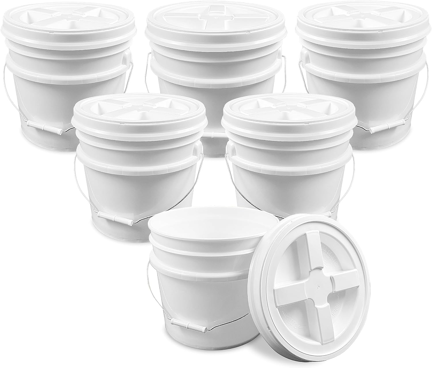 Cubo blanco de 3.5 galones con tapa blanca de rosca gamma (paquete de 6), almacenamiento de grado alimenticio, plástico HPDE premium, libre de BPA,