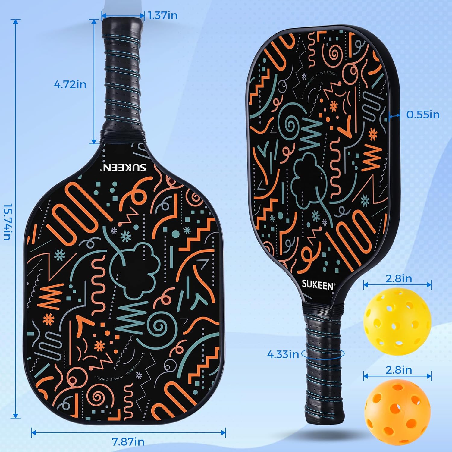 Sukeen Paletas de pickleball, juego de 2 piezas de pickleball de fibra de vidrio, núcleo de nido de abeja de polipropileno, agarre acolchado, juego