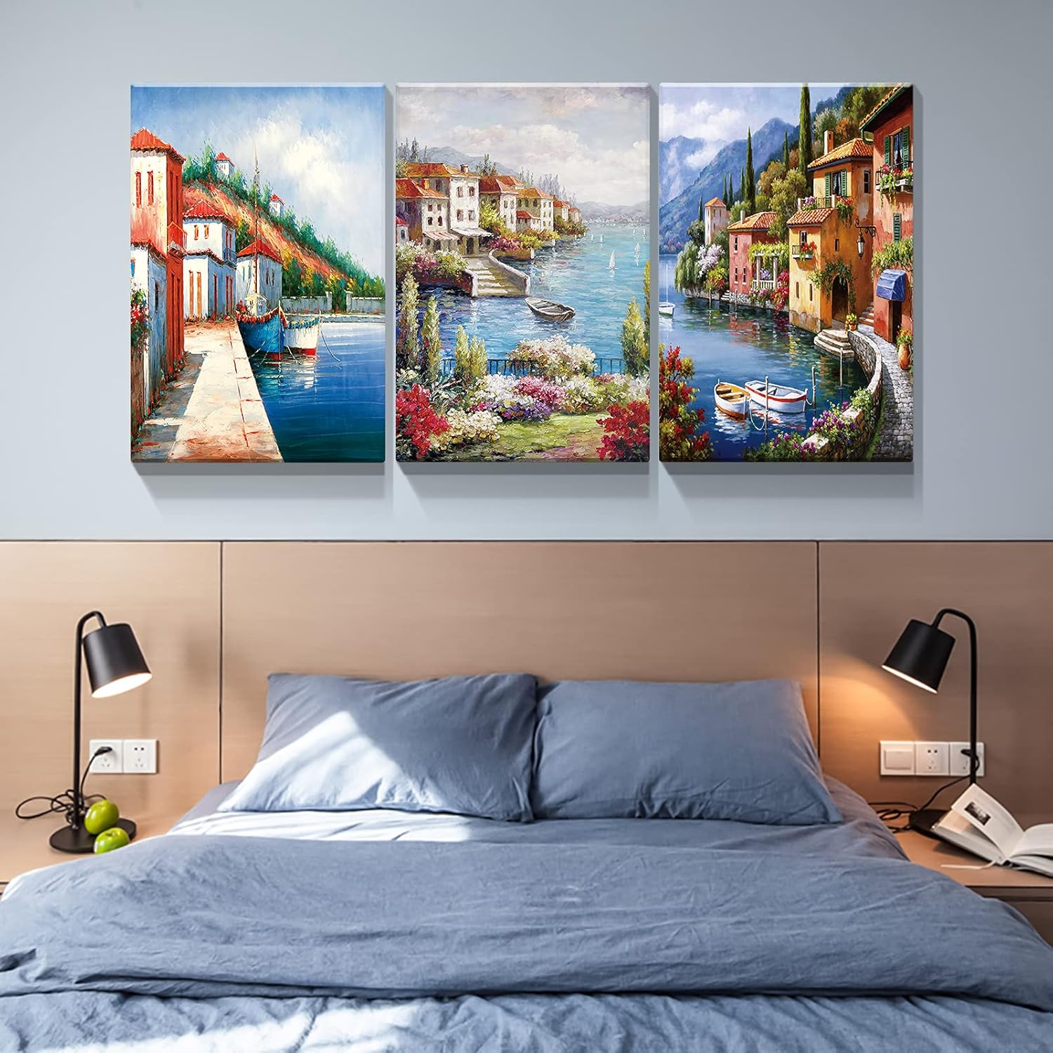 Denozer – Lienzo decorativo para pared de 3 piezas – Lienzo de ciudad europea, arte de pared con flores costeras, jardín, pintura de reproducción