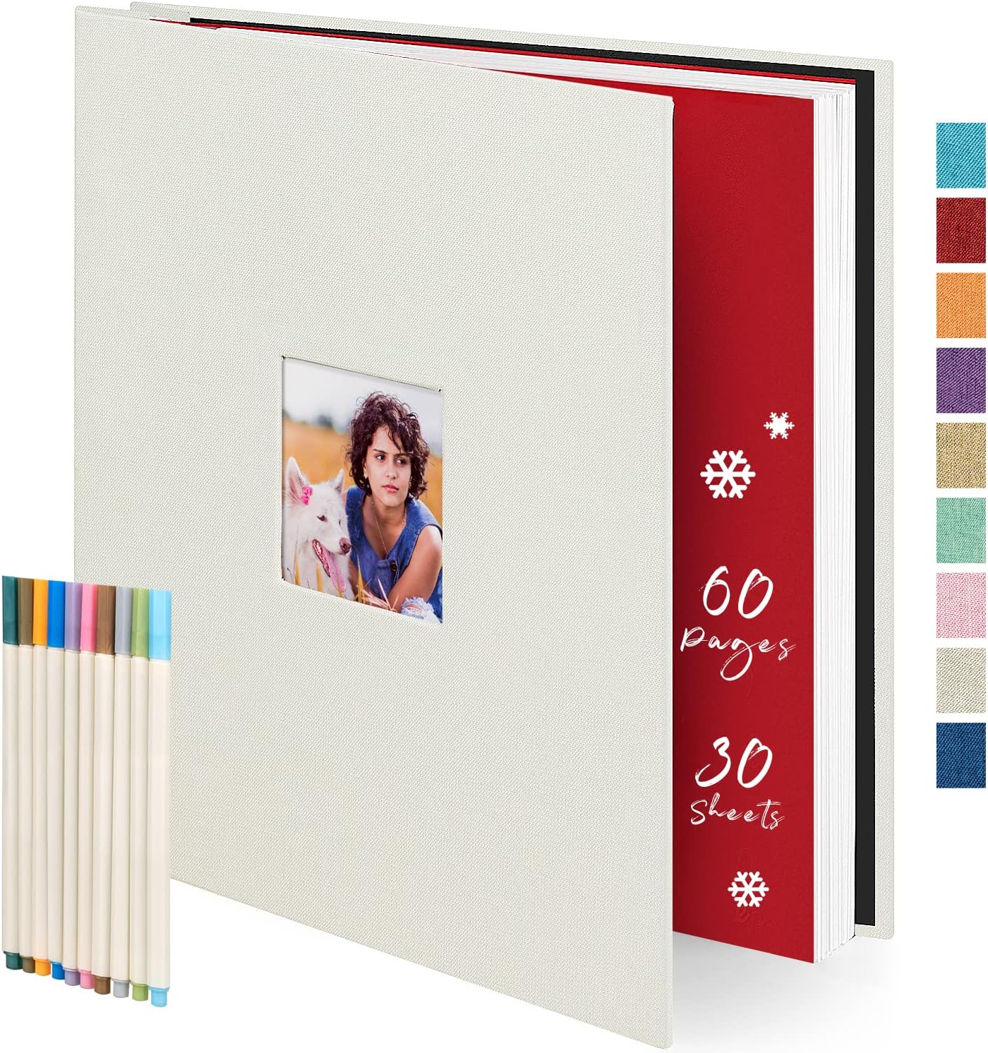 Álbum de fotos autoadhesivo grande, 60 páginas adhesivas (13 x 12.6 pulgadas), lino blanco para fotos de todos los tamaños, con 10 bolígrafos