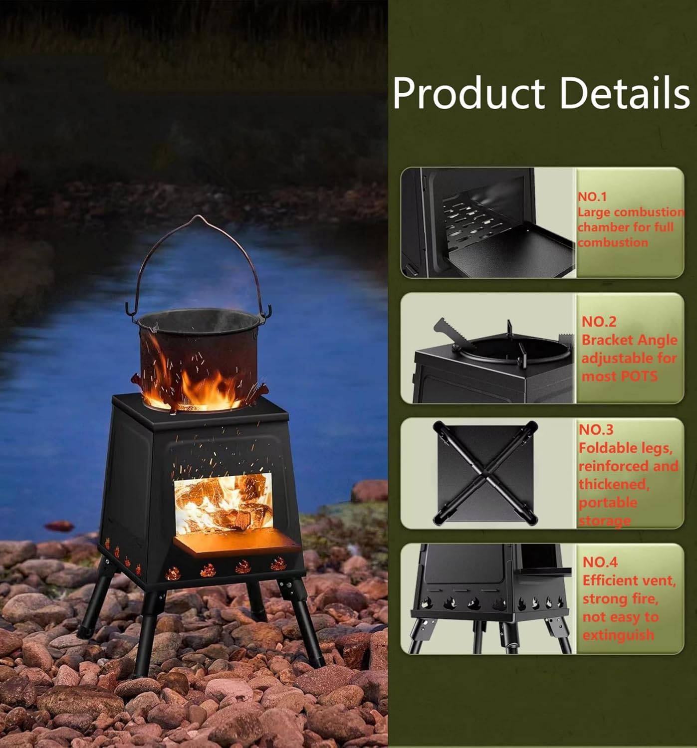 EMOTRIPS Estufa de camping portátil de acero al carbono, estufa de leña al aire libre con patas plegables para campamento al aire libre (pequeña)