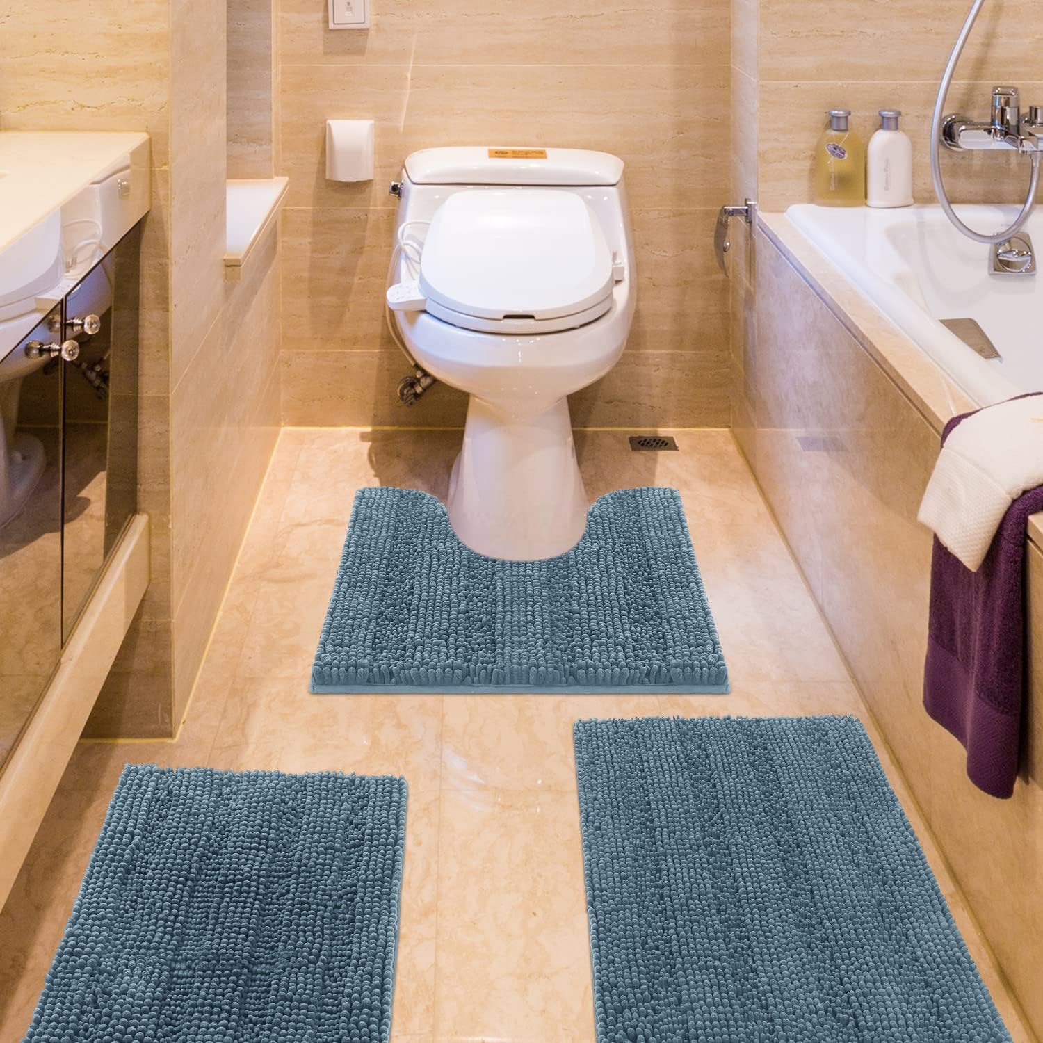 Juego de 3 alfombras de baño de felpilla ultra suaves, antideslizantes, absorbentes, peludas de felpa para baño, inodoro, dormitorio, color azul