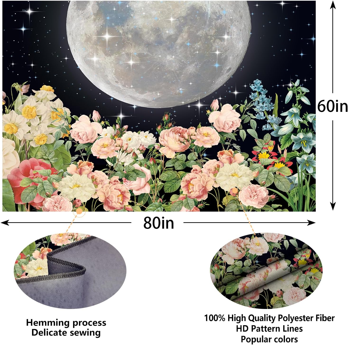 Color Duty GTXPCD556 – Tapiz bohemio de plantas florales para colgar en la pared, 80 x 60 pulgadas, luna, estrella, cielo, bohemio, acuarela,
