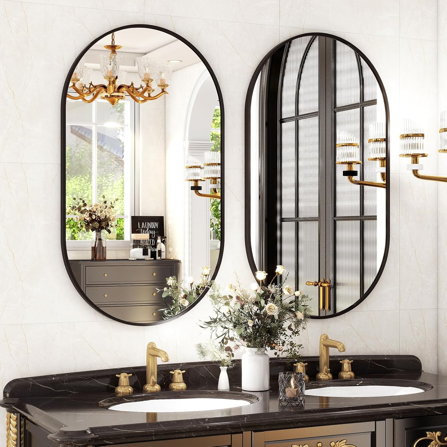 Espejo de baño ovalado de 22 x 38 pulgadas, marco de metal cepillado elegante para colgar vertical y horizontalmente, decoración moderna perfecta