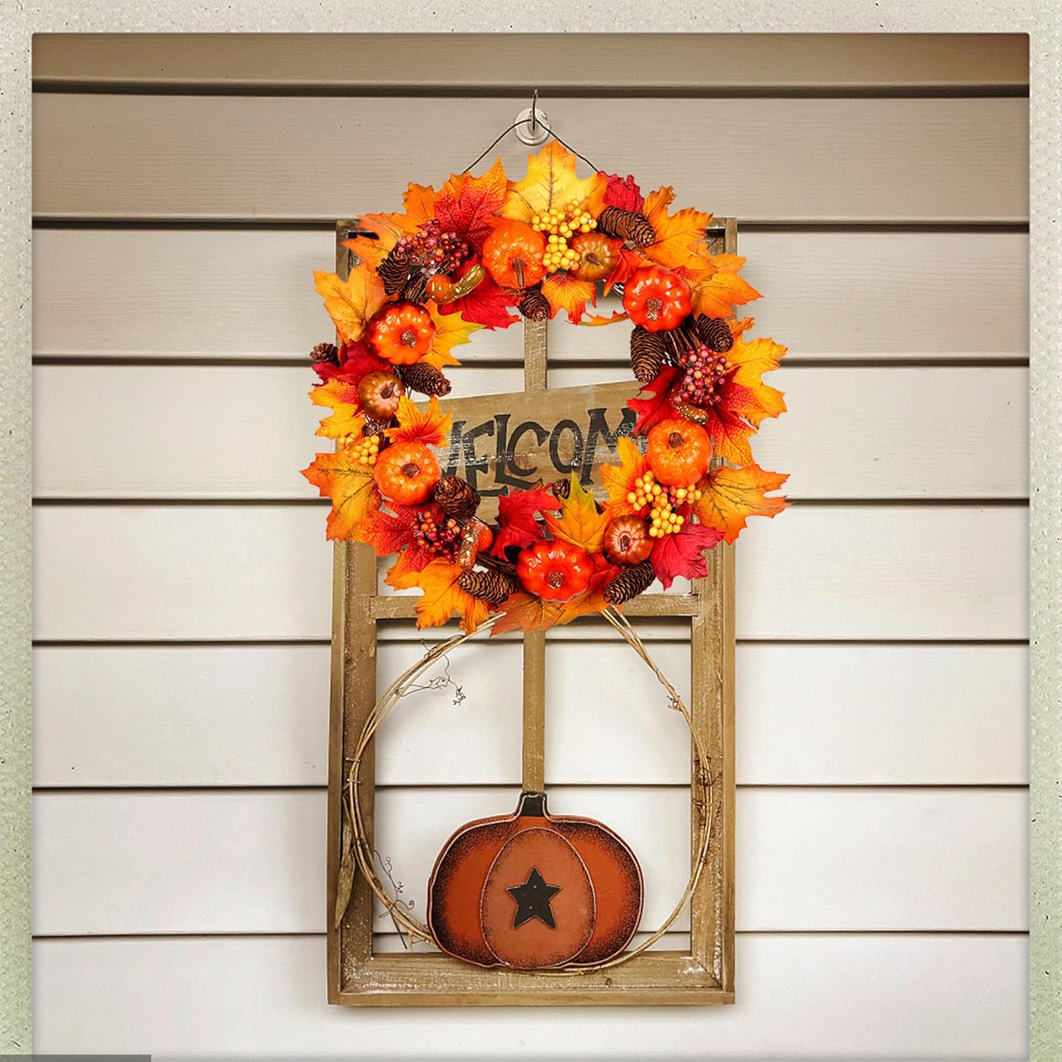Corona de otoño de 16 pulgadas para puerta delantera, coronas de calabazas artificiales, corona de cosecha de otoño artificial con hojas de arce,