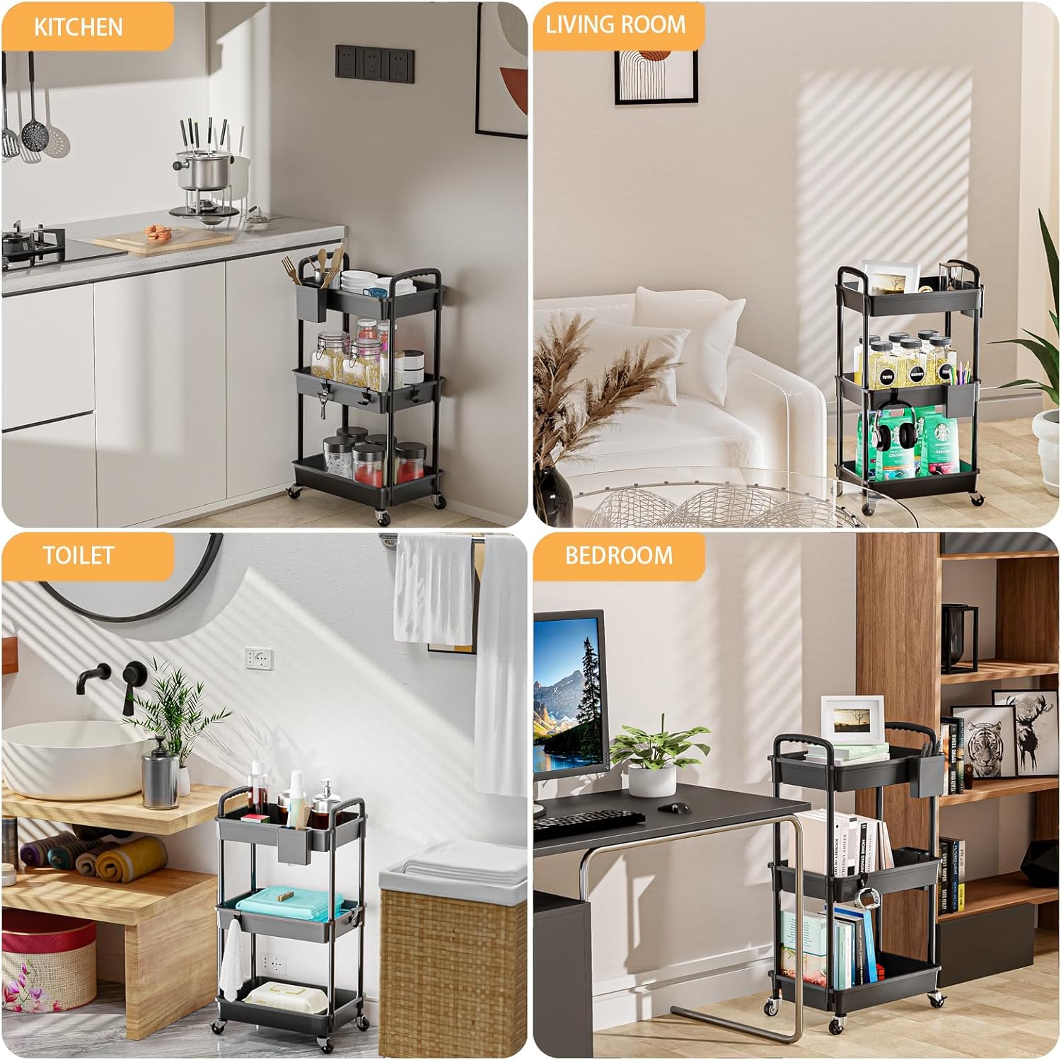 Carrito utilitario rodante de 3 niveles con asa, hecho de organizador de almacenamiento multifuncional, herramienta para cocina, baño, sala de
