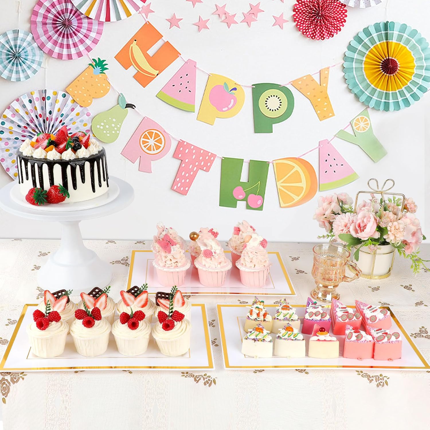 12 bandejas de plástico blanco para servir con borde dorado, bandejas rectangulares de postre de 14 x 9 pulgadas para mesa de postre, platos