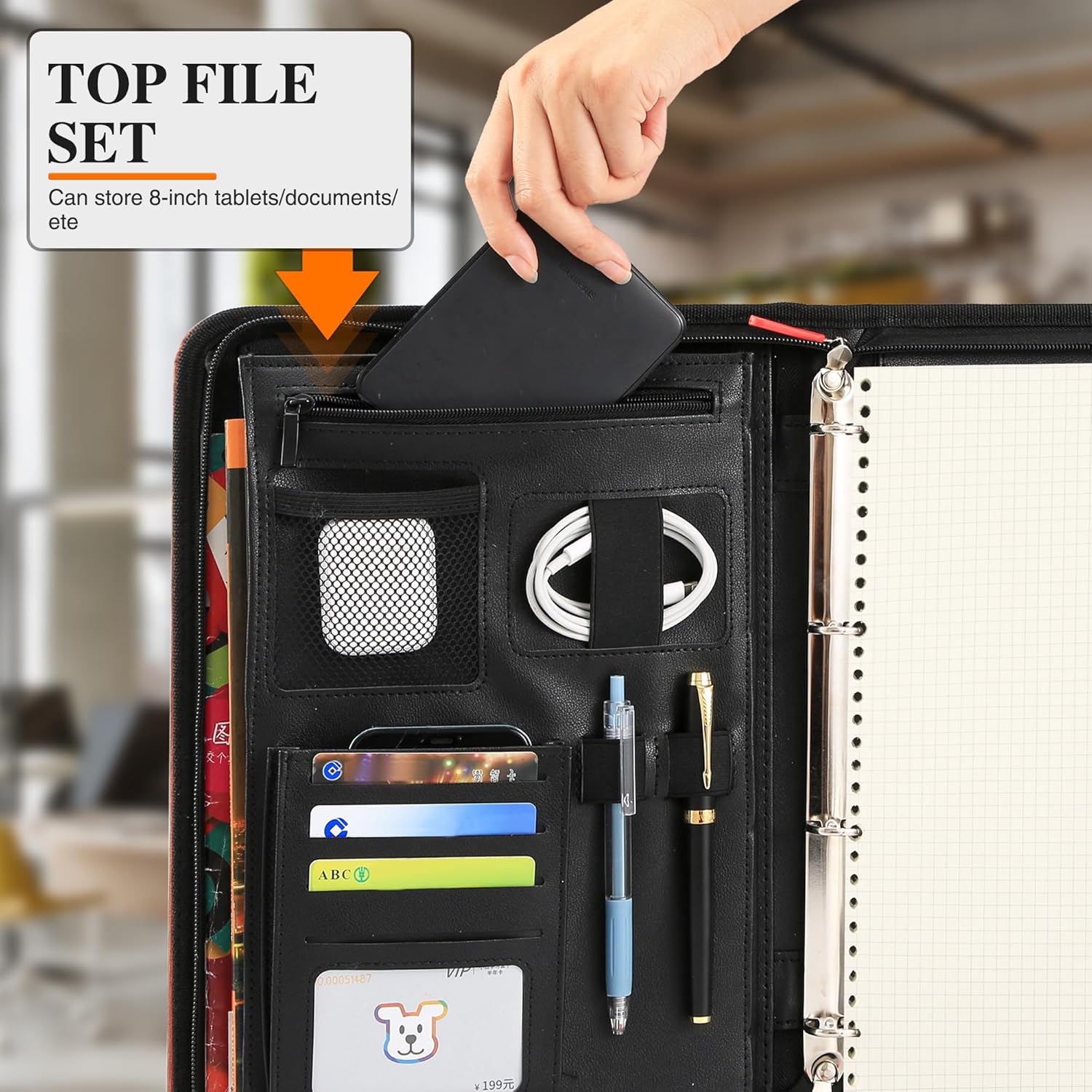 Padfolio – Organizador de piel sintética, carpeta con cremallera de 4 juntas tóricas (rojo y marrón)