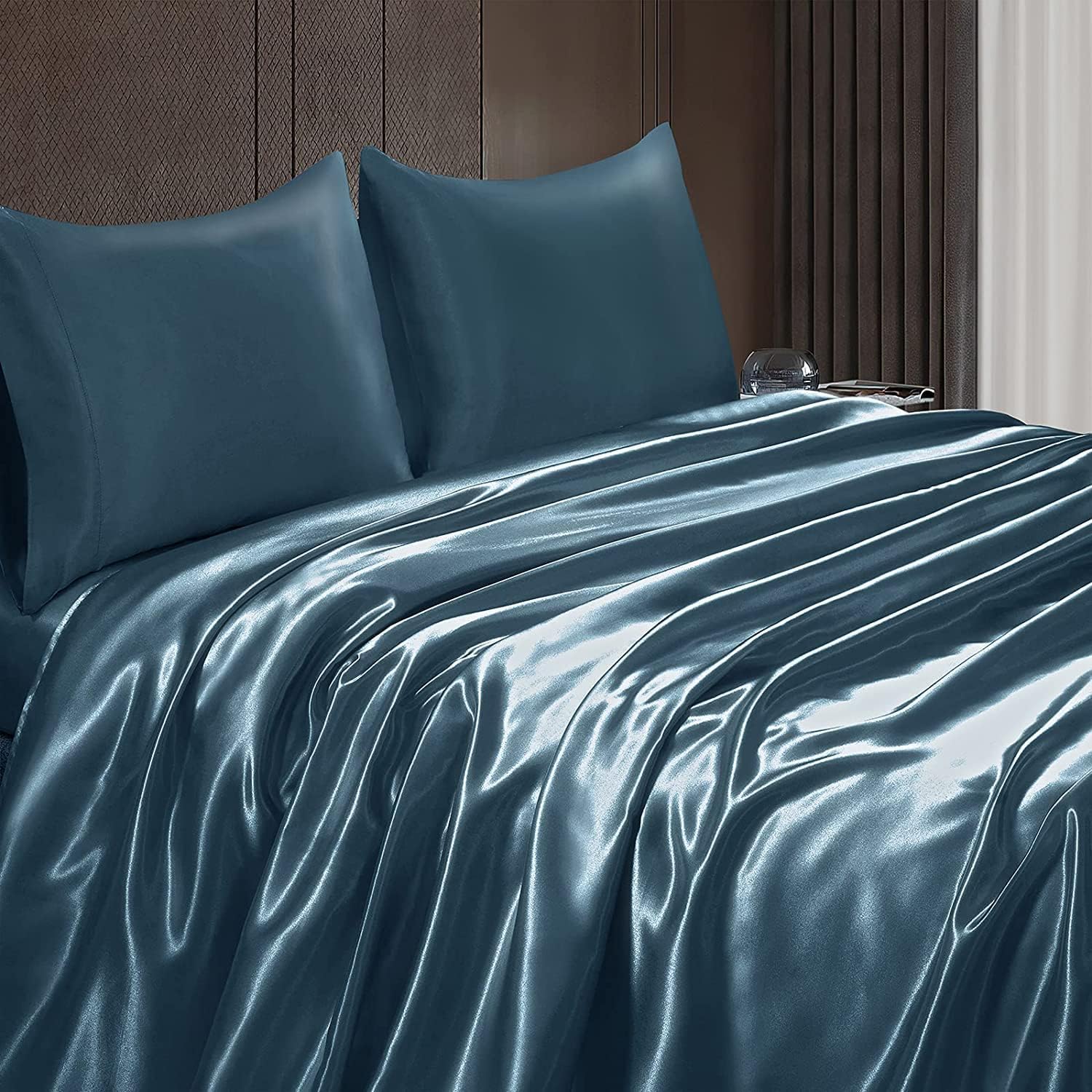 Homiest Sábana encimera de satén azul marino profundo, sábana encimera de tamaño matrimonial, sábana encimera sedosa para colchón matrimonial,