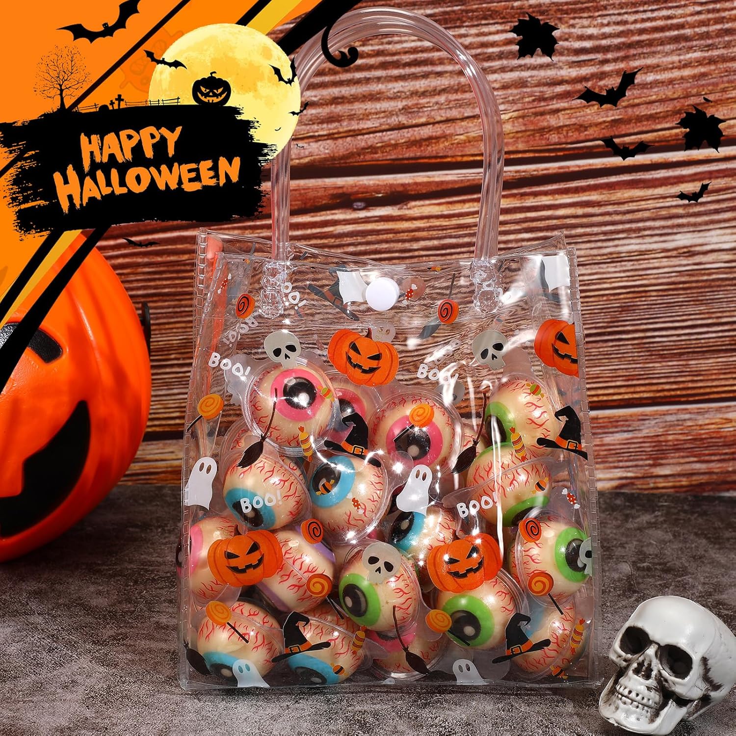 Silkfly 50 bolsas de regalo transparentes de Halloween con asa, bolsas reutilizables de PVC para Halloween, compras, bodas, fiestas de cumpleaños