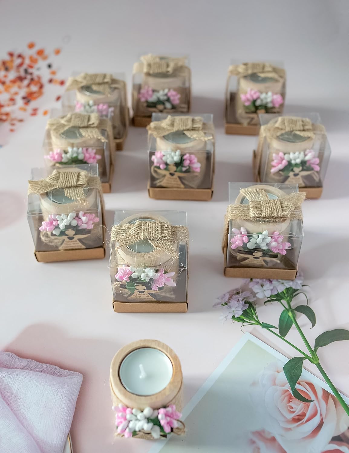 Ju’s Favors Pack of 10 Wood Tealight Candle Holder,Baptism Gifts for Girl, Communion Favors for Guests, First Communion Gift, (Light-pink angel)