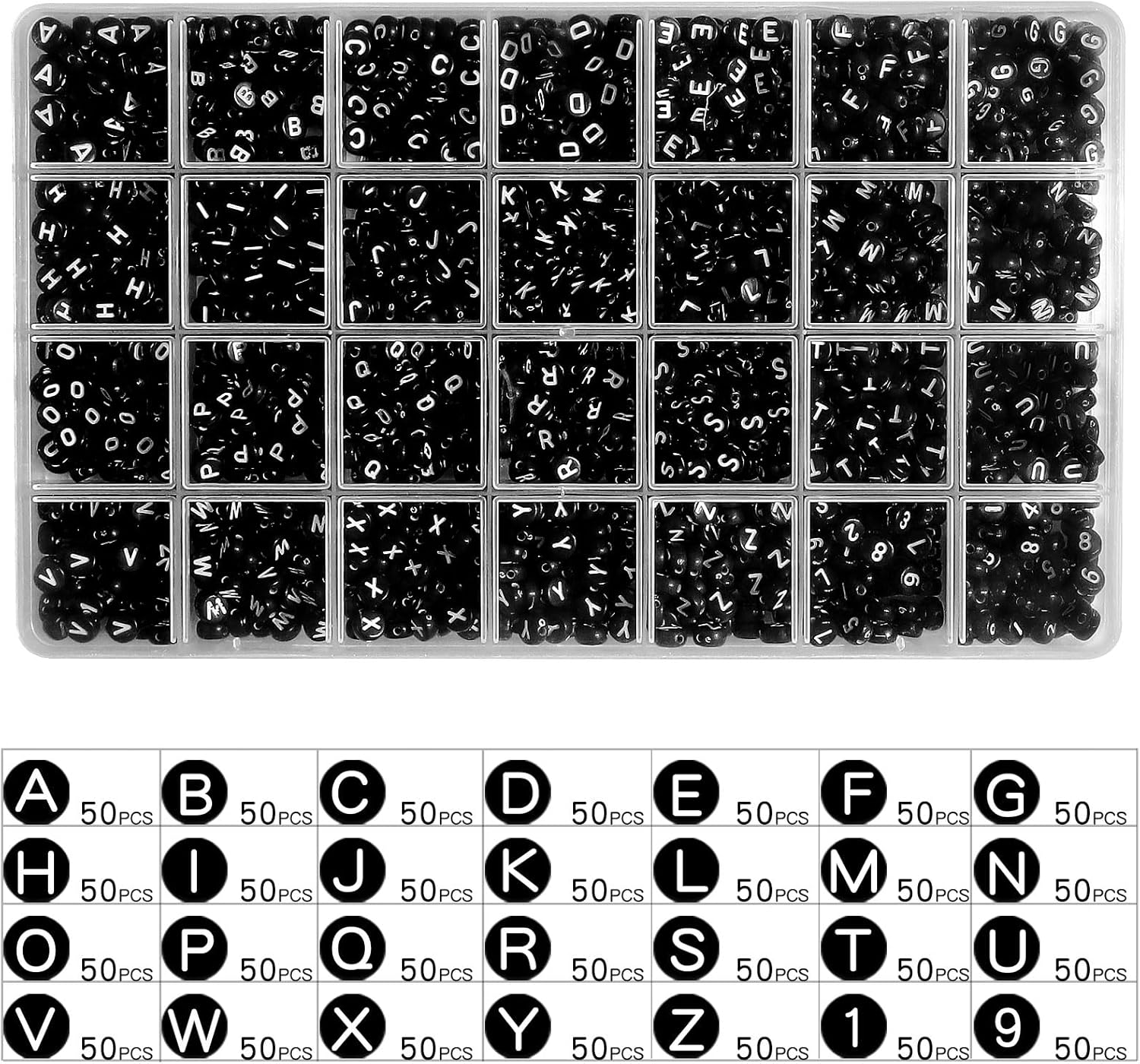 Long tiantian Kit de 1400 cuentas de letras negras, 28 estilos de cuentas del alfabeto para pulseras y fabricación de joyas