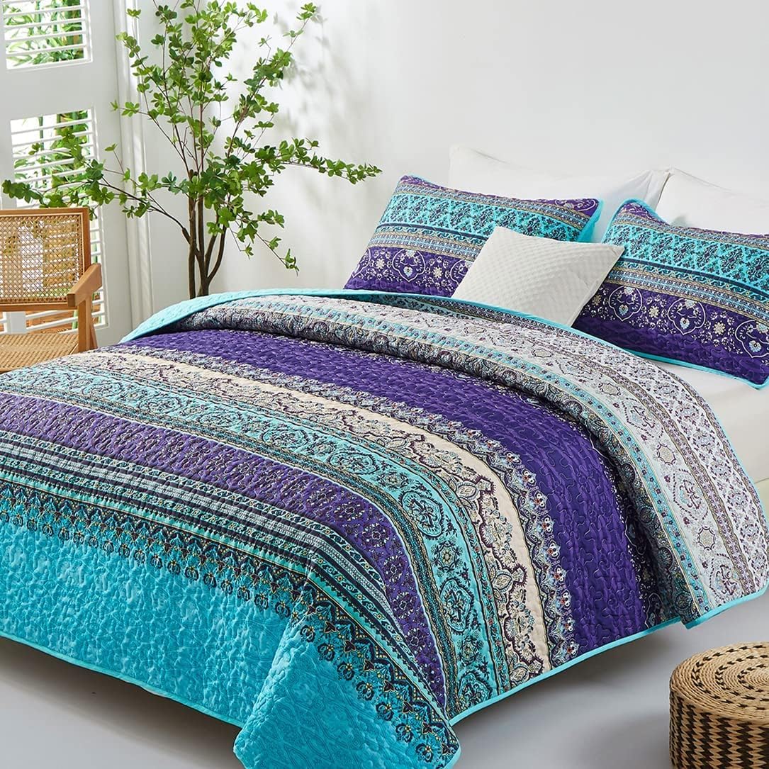 WONGS BEDDING Juego de edredón bohemio, edredón estampado de rayas bohemias azules y moradas, colcha de microfibra ligera para decoración de cama