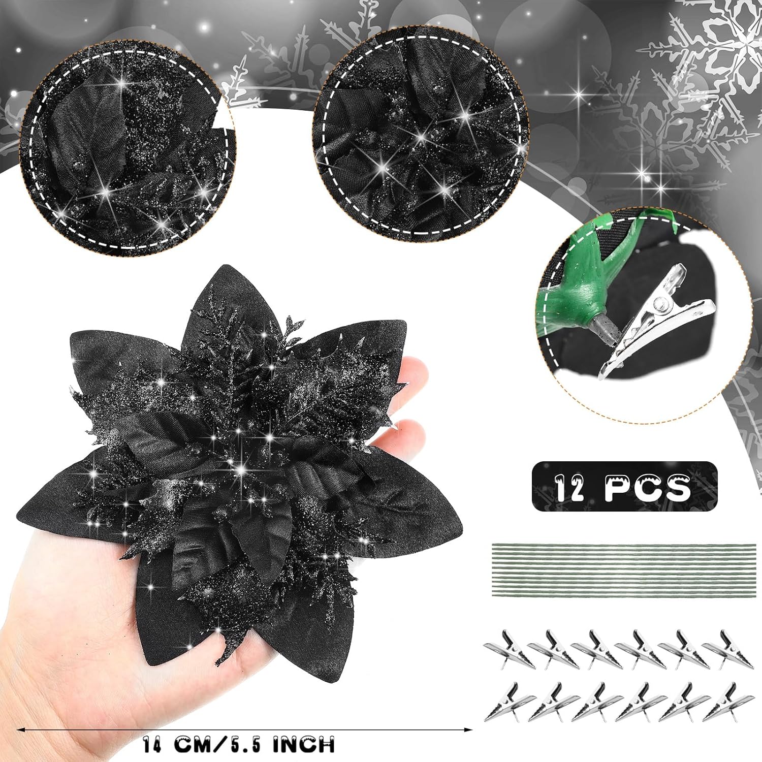 Adornos de flores de Pascua artificiales de Navidad con purpurina y clips y tallos, adornos para árbol de Navidad de Pascua con purpurina para