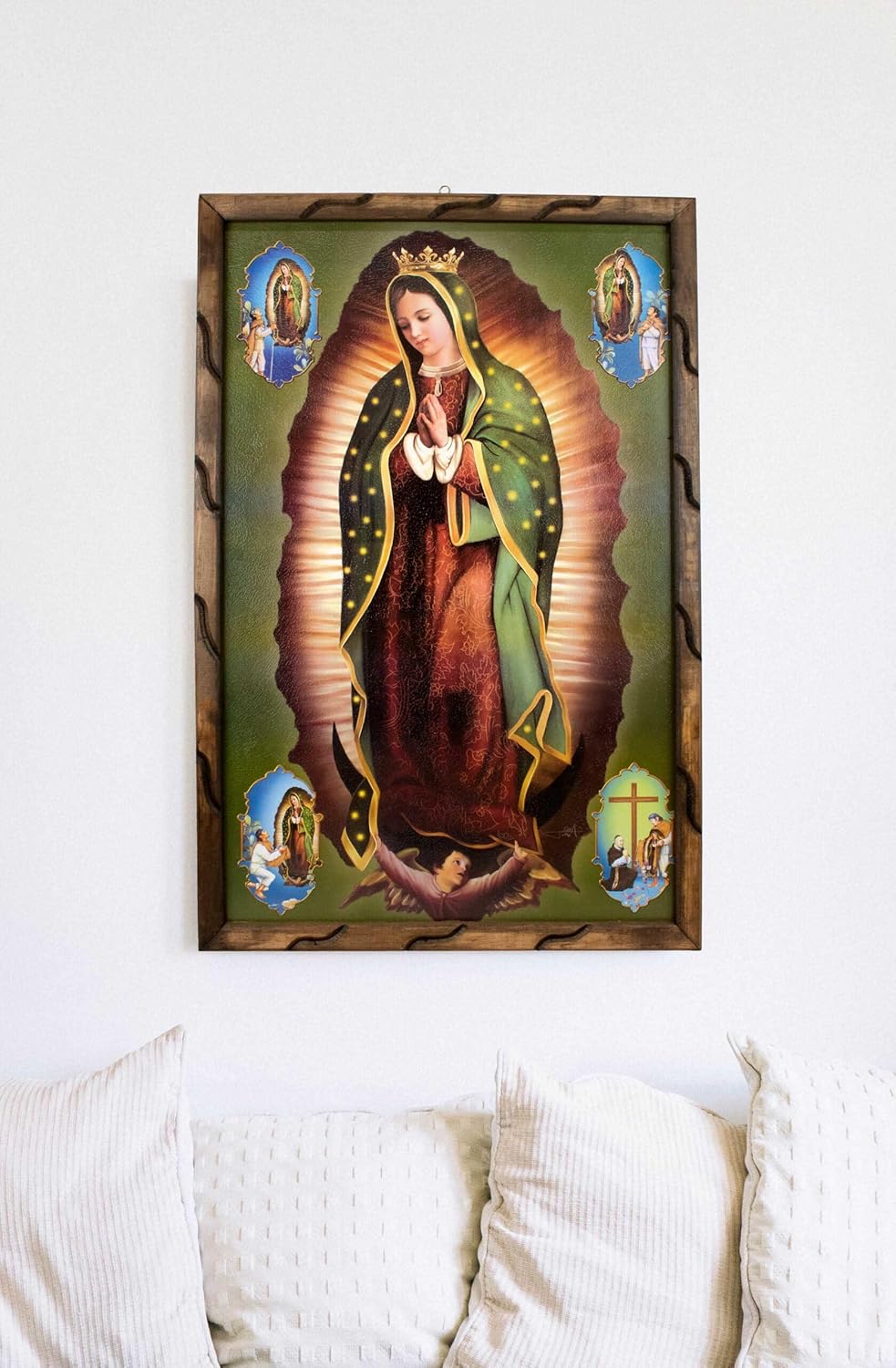 Mrcjsales imagen de Nuestra Señora de Guadalupe con imágenes en la esquina en marco rústico, pintura al óleo, 24 x 36 pulgadas, 13 x 18 pulgadas, 10