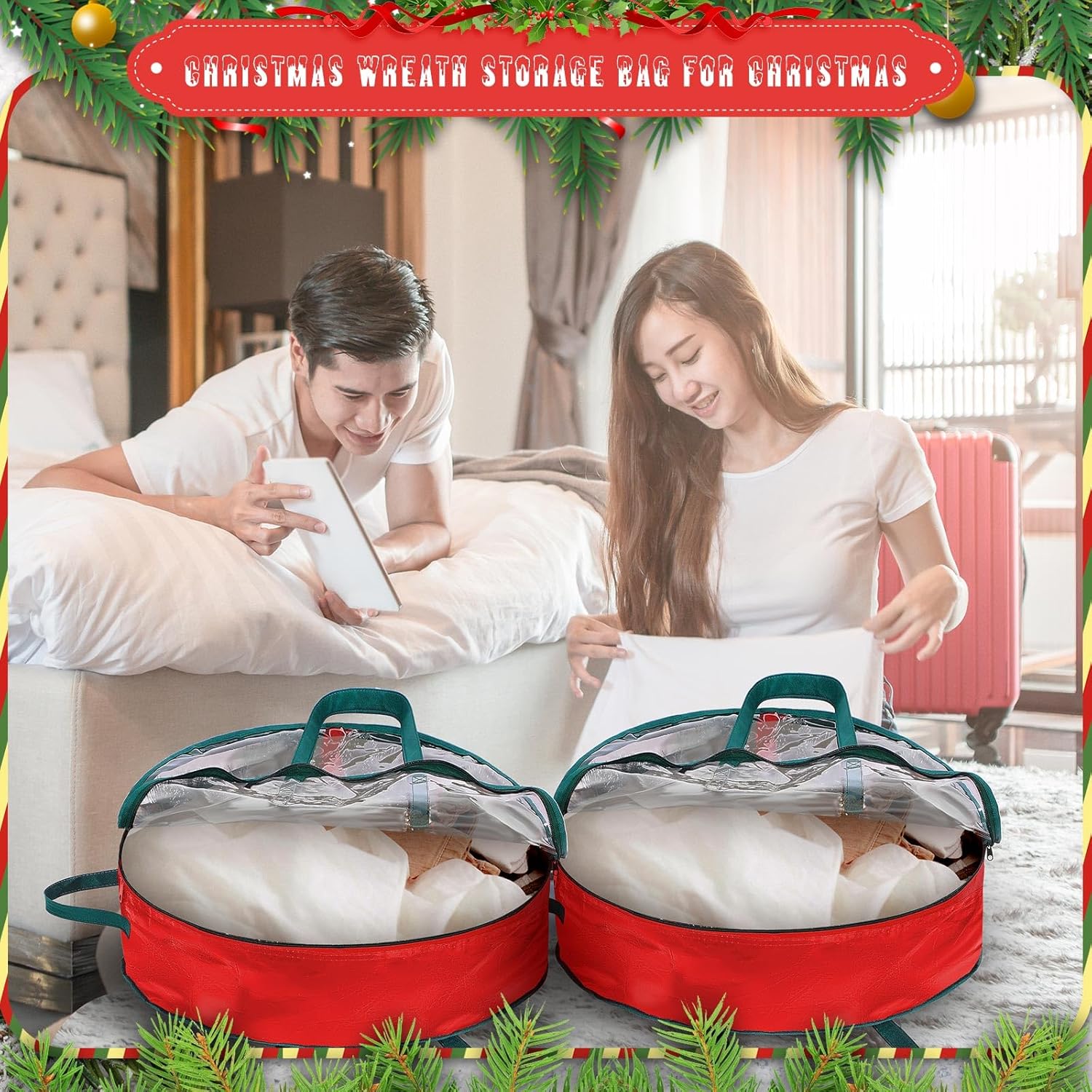 Shappy Bolsa de almacenamiento de corona de Navidad, contenedores de almacenamiento de plástico para coronas, contenedor de coronas, decoración de