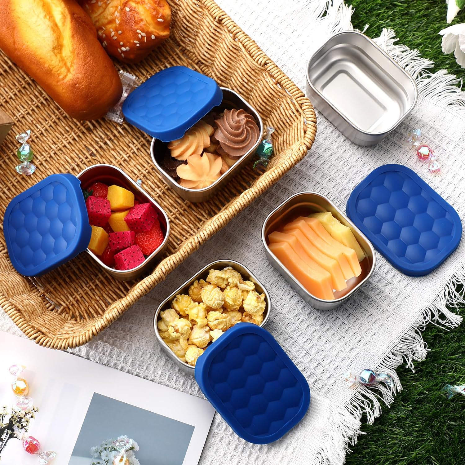 Tioncy 10 recipientes de acero inoxidable para niños, fiambrera de acero inoxidable fácil de abrir para niños con tapas de silicona a prueba de