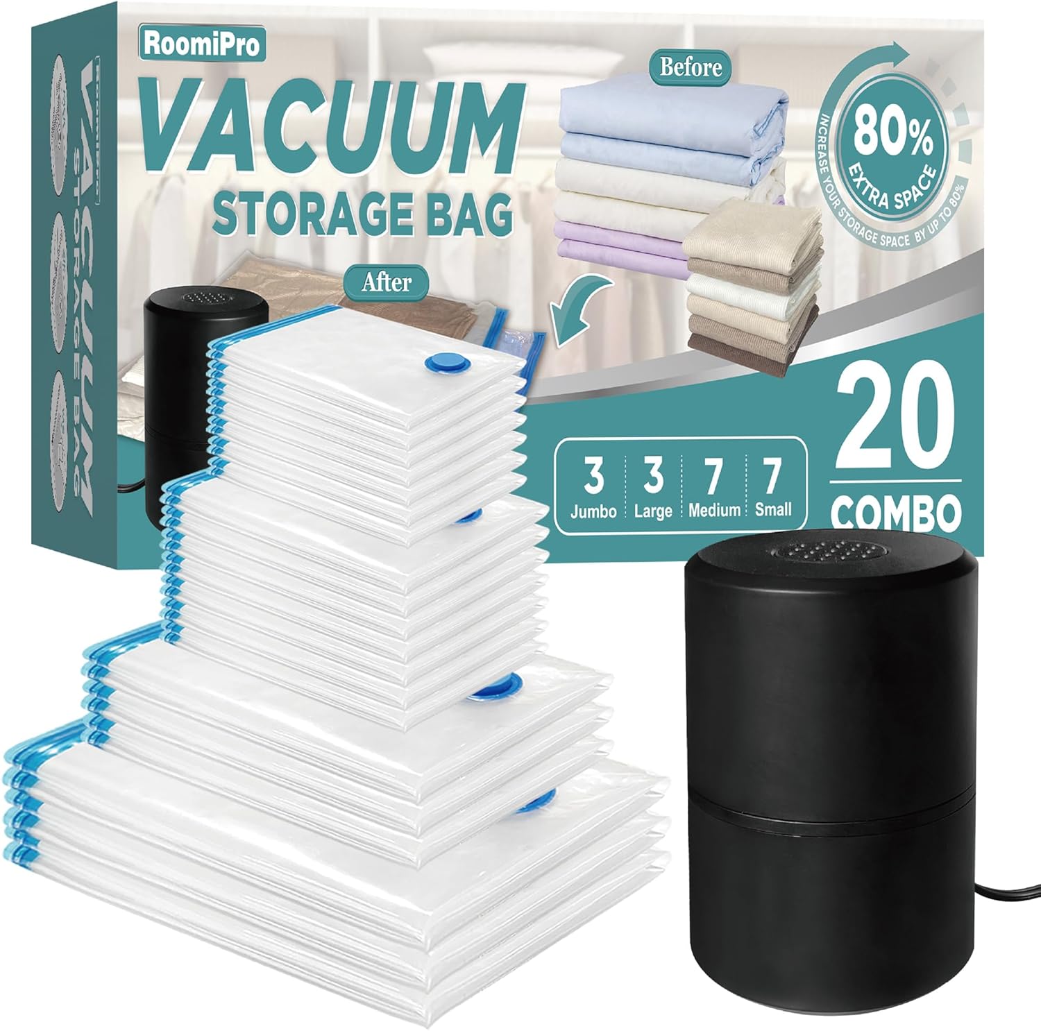 Bolsas de almacenamiento al vacío con bomba eléctrica, paquete de 20 (3 jumbo3 grande7 mediano7 pequeño), bolsas ahorradoras de espacio con bomba,