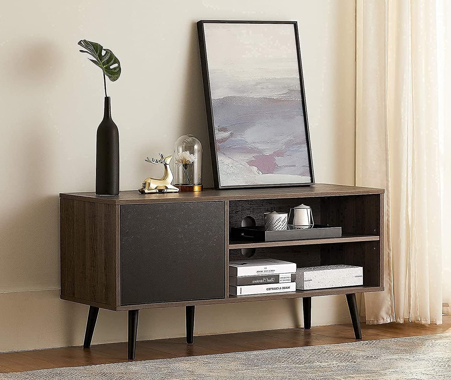 WAMPAT Soporte de TV moderno de mediados de siglo para pantalla plana de 55 pulgadas, gabinete de TV de madera con almacenamiento, centro de