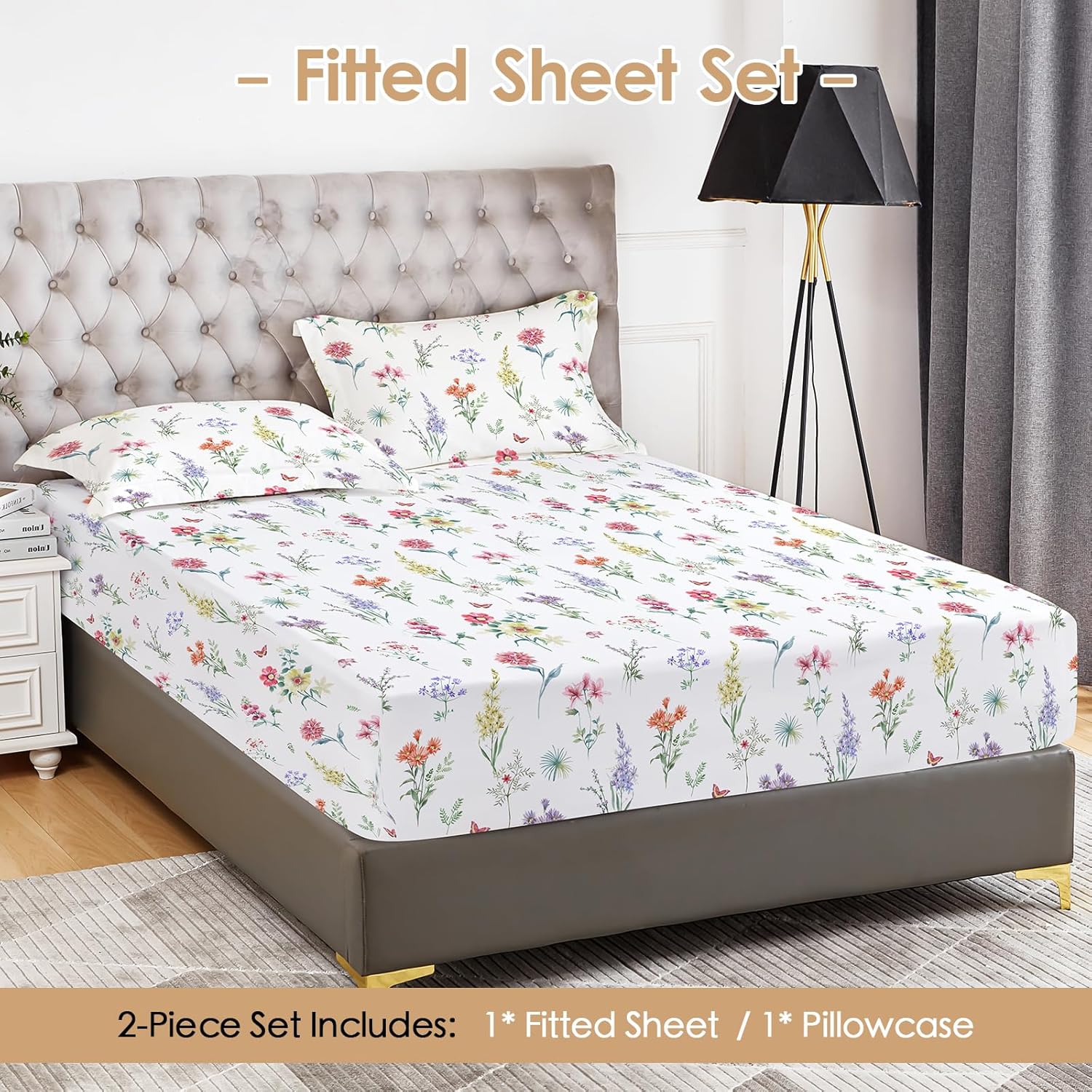 YIYEA Sábana bajera individual con funda de almohada, estampado floral, sábana bajera de microfibra cepillada de 1800 hilos de primera calidad,