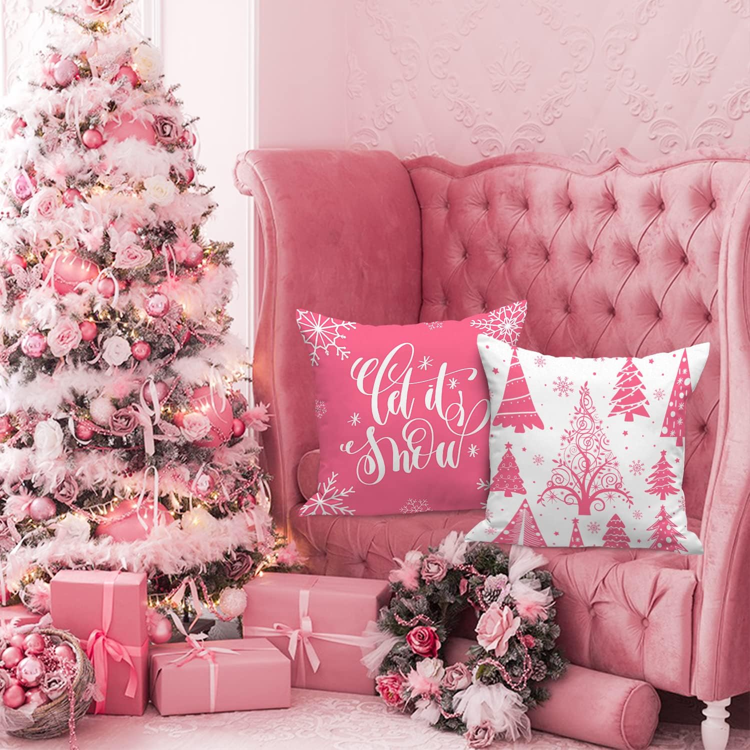 Lanpn Juego de 4 fundas de almohada de Navidad blancas y rosas de 18 x 18 pulgadas, fundas de cojín decorativas de Navidad de 18 pulgadas, fundas de